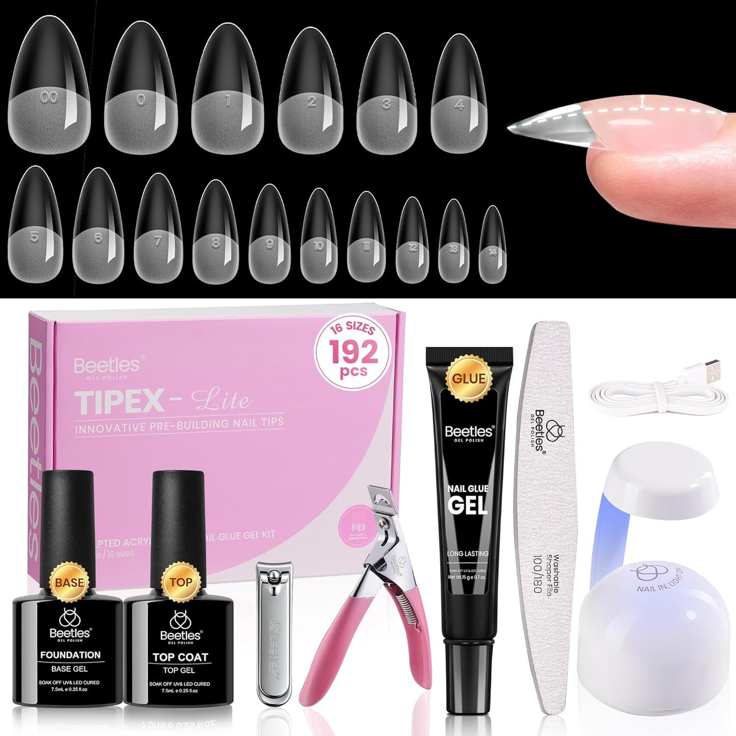 Beetles Tipex Lite Kit - All-in-One DIY Nail Art Set with Mini UV Lamp, 256PCS, Short Almond, 16 Sizes