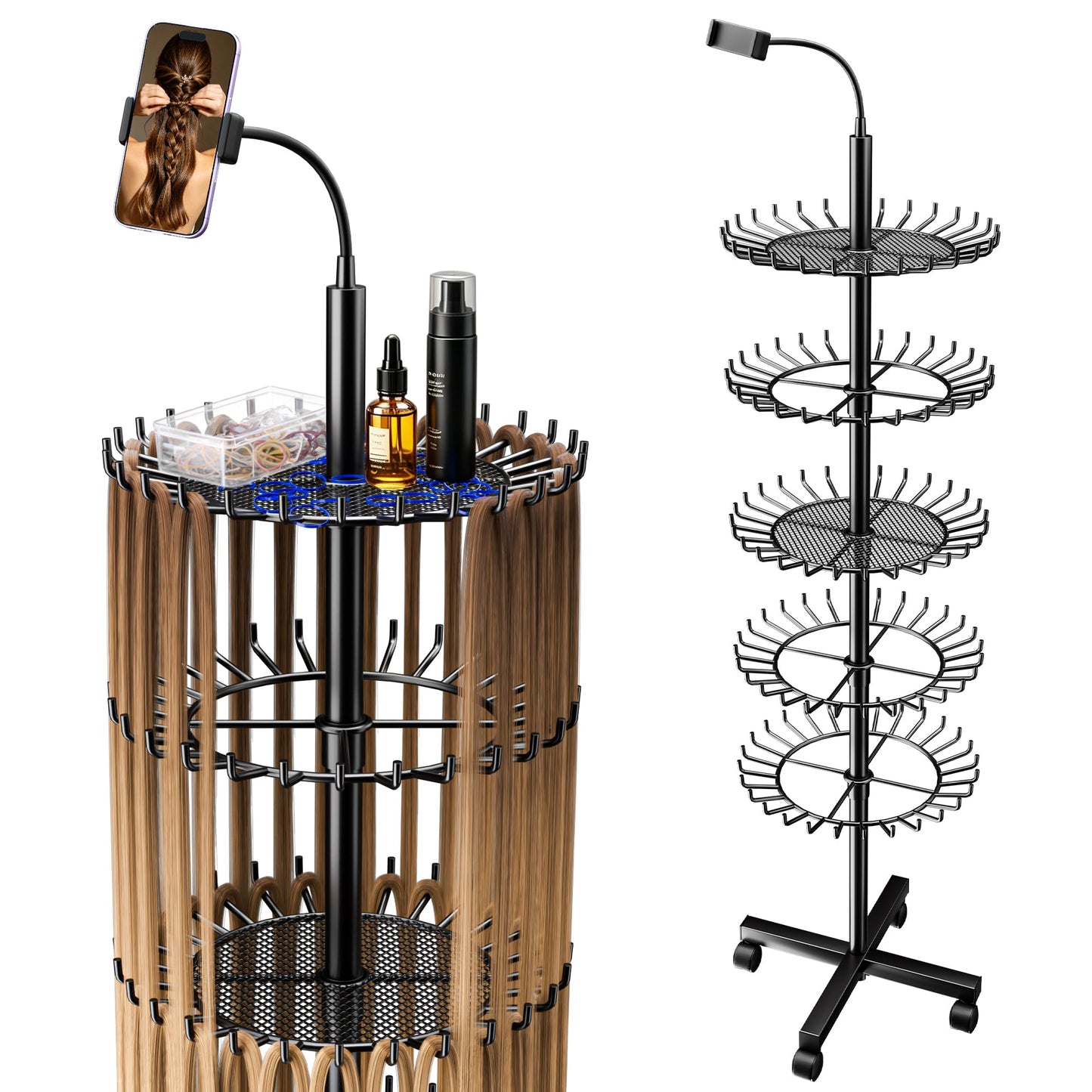 Braiding Rack, SouStoCol Braiding Hair Rack With 140 Pegs, Tray and Wheels, Adjustable Braiding Rack Stand for Hair with Phone Holder for Displaying and Separating Hair (Black)