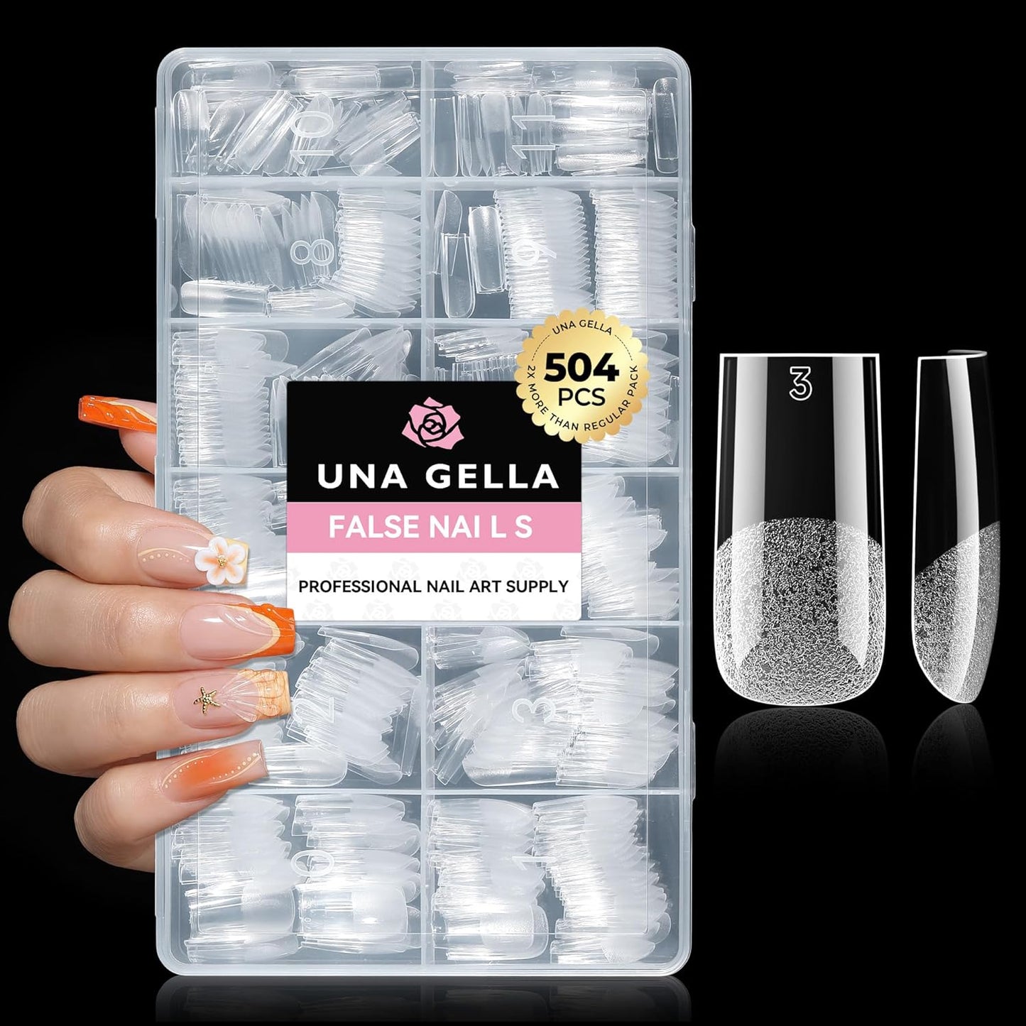 Medium Stiletto Press-On Nails - 504 Pcs Clear Gel Nail Tips | Full Cover Pre-Etched Acrylic, 12 Sizes Available