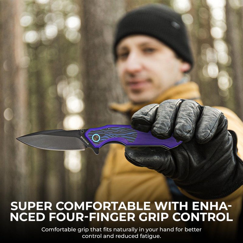 WSSGEAR D2 Steel Folding Pocket Knife with Side Lock - 4.64” Purple G10 Handle, Blue Damascus Inlay, Black Titanium Coated EDC Blade, Bonus Emergency Pocket Wire Saw