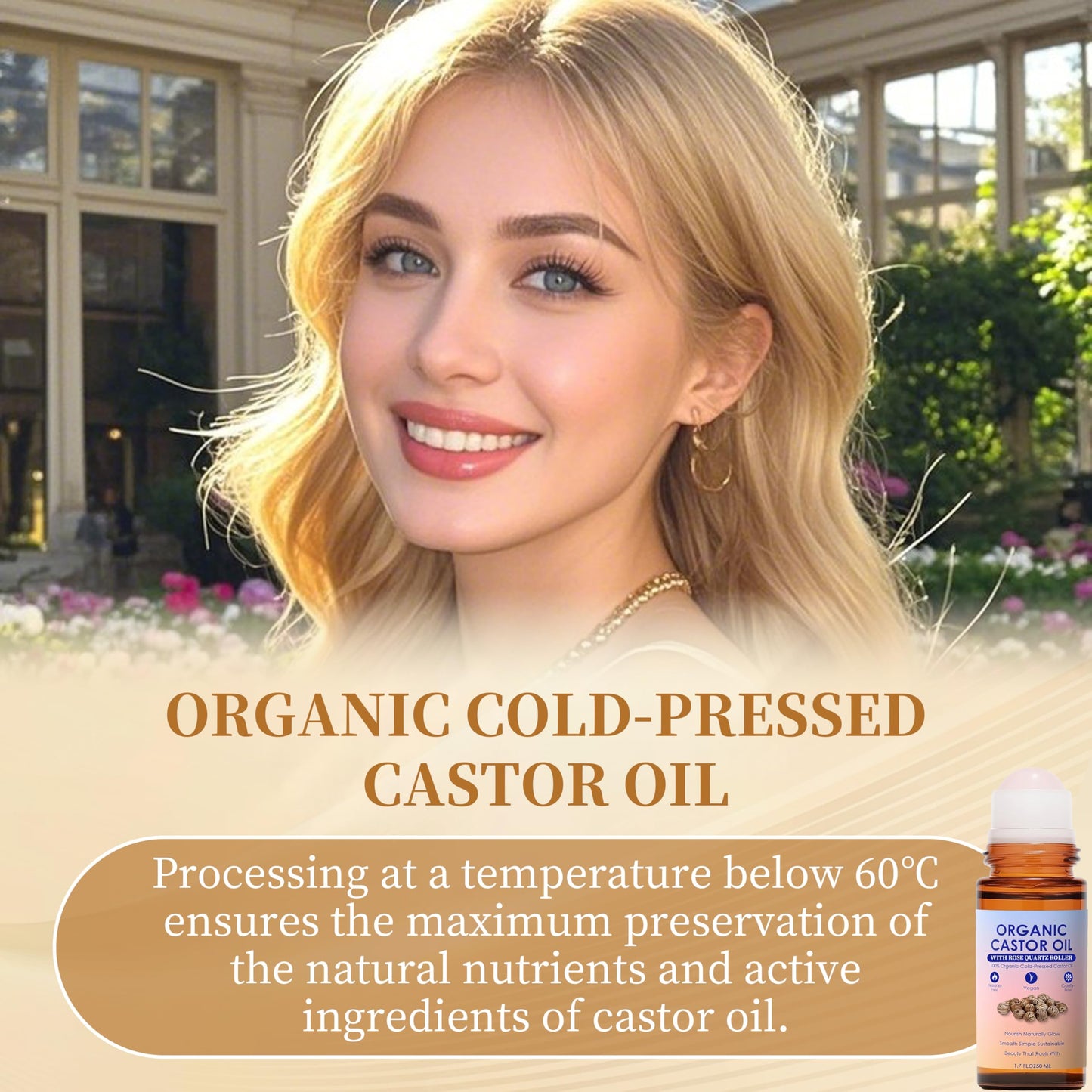 WXZTC 2 Pack x 1.7 floz, Organic Castor Oil Rose Quartz Roller Ball, 100% Pure Cold-Pressed, Deep Moisturizing for Skin, Hair, Eyelashes & Eyebrows