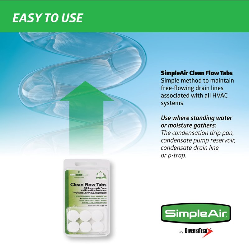 SimpleAir SACF Drain Line Clean Flow Tabs, for AC Units, HVAC Systems, Dehumidifiers, Condensate Drain Line Applications, 6 Count (1 Pack)