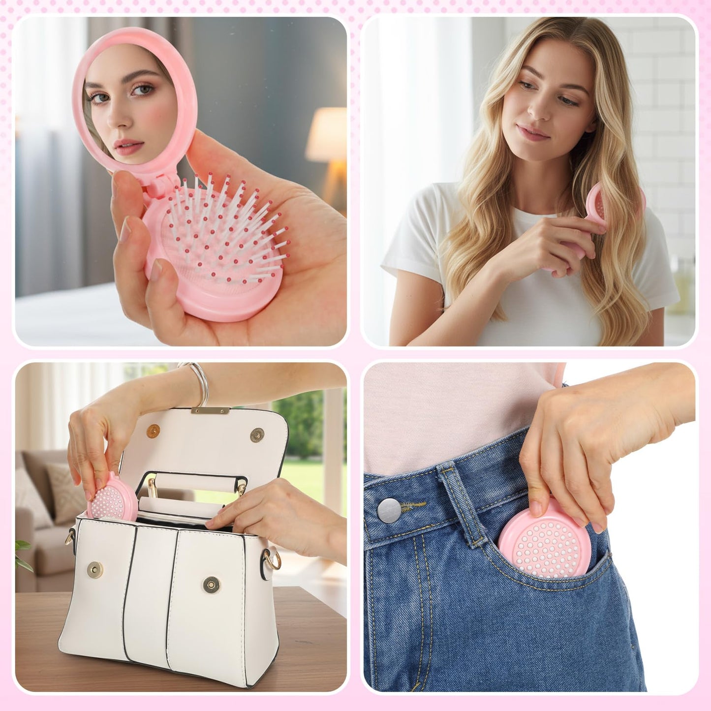 Mini Travel Brush for Women Folding Hair Brush Portable Mini Hairbrush with Mirror, Compact Pop Up Pocket Brushes, Small Travel Size Flip Brushes for Purse Girls Wet and Dry Hair, Pink