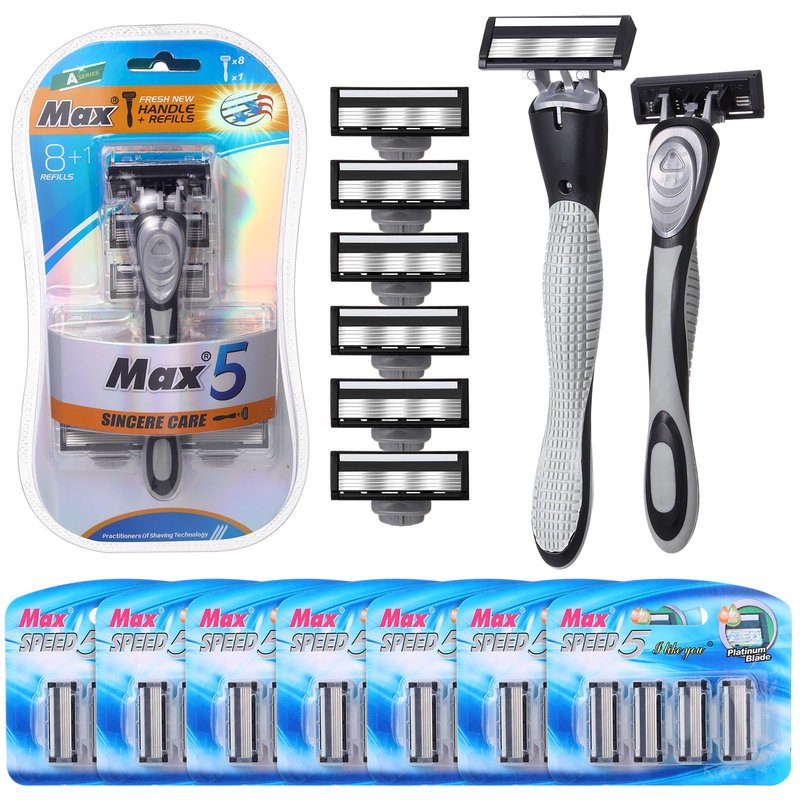 Wovnet 37 Pcs Refillable 5 Blade Disposable Razors for Men Sensitive Skin Razor Men's Disposable Refillable Razors Set Shaving Kit, 1 Razor Handle and 36 Cartridges