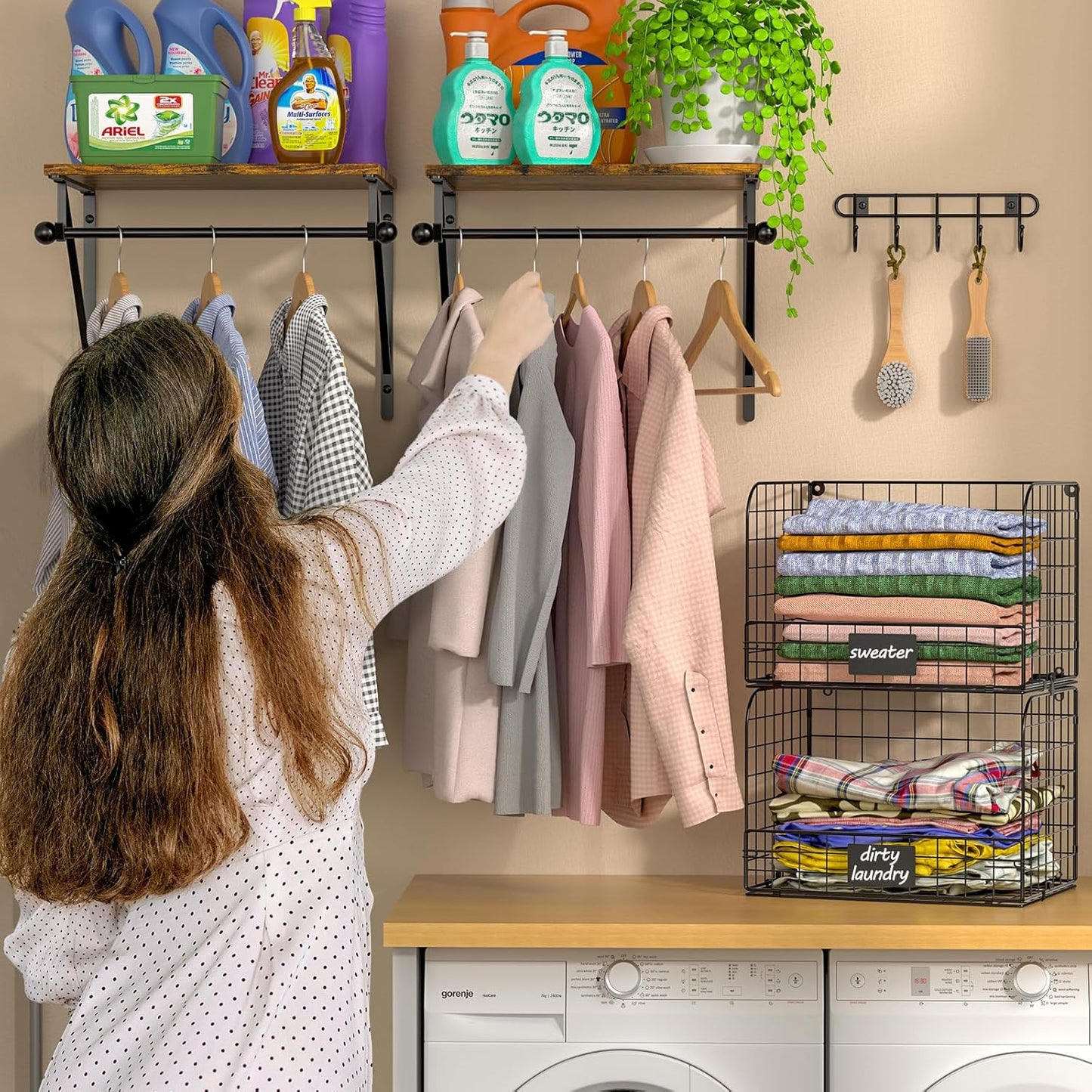 Wall Mounted Laundry Room Shelves - Over Washer & Dryer Shelf with Wire Baskets & Drying Rack | Black Wood & Metal