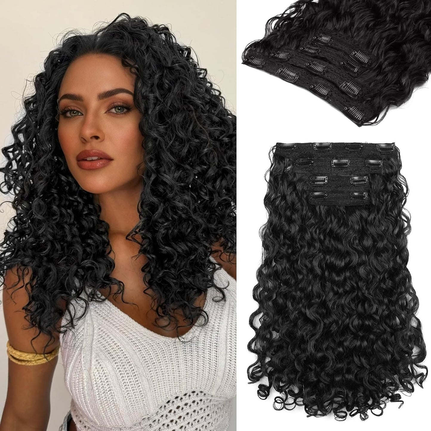 Curly Hair Extensions - 4PCS 18" GoGo Curly Clip-Ins | 100% Protein Hairpieces, Honey Blonde Highlights