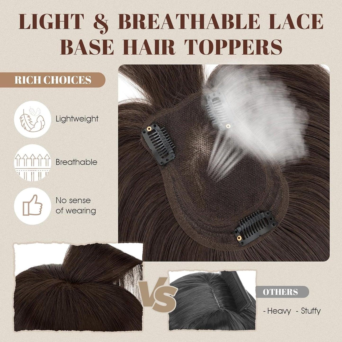 Human Hair Topper - 360° 3D Ultra Thin Clip-In Crown Piece for Thinning Gray Hair | 12 Inch Mocha Brown, 35 Grams