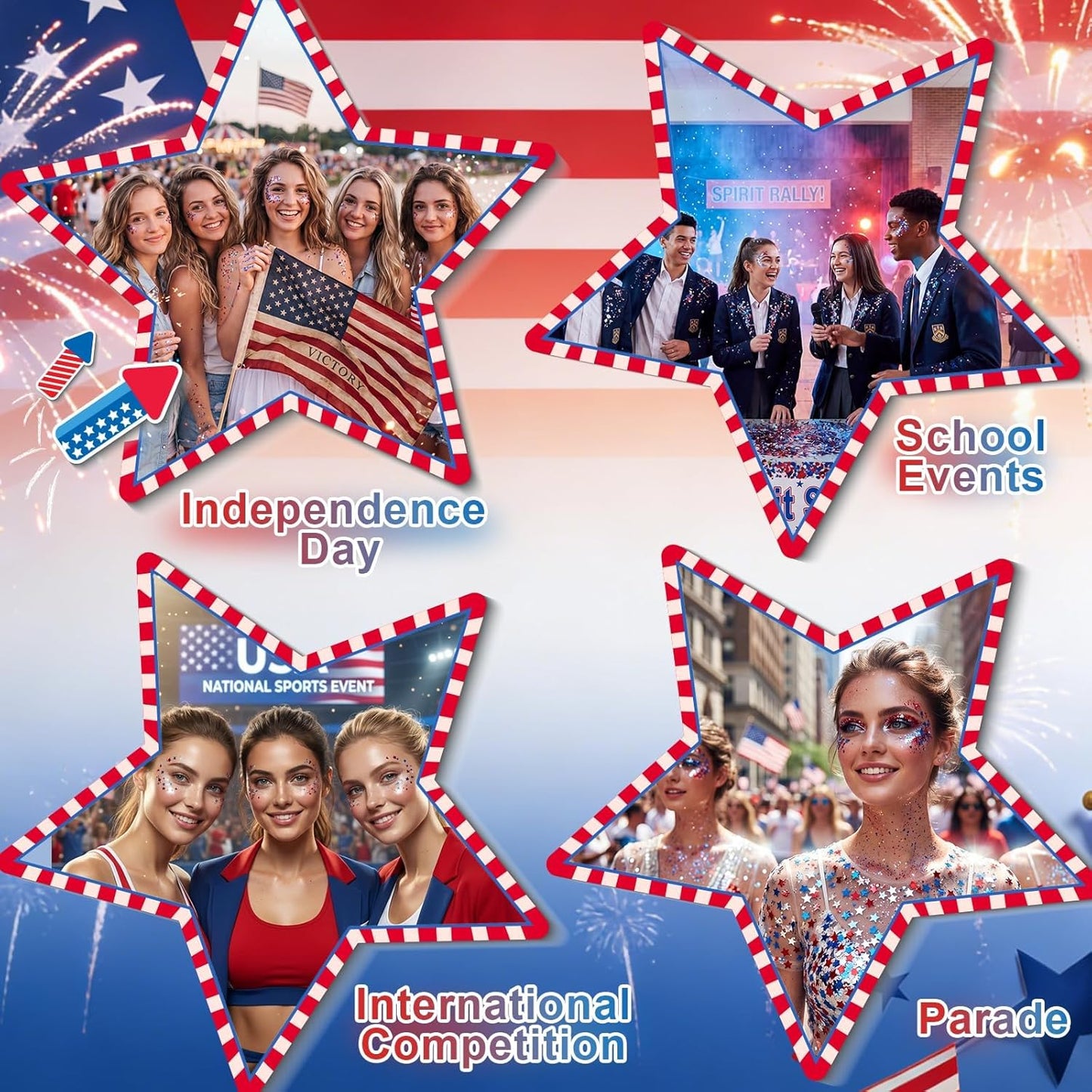 Red White Blue Face & Body Glitter Stick - Patriotic Sparkling Makeup for 4th of July | Star Design