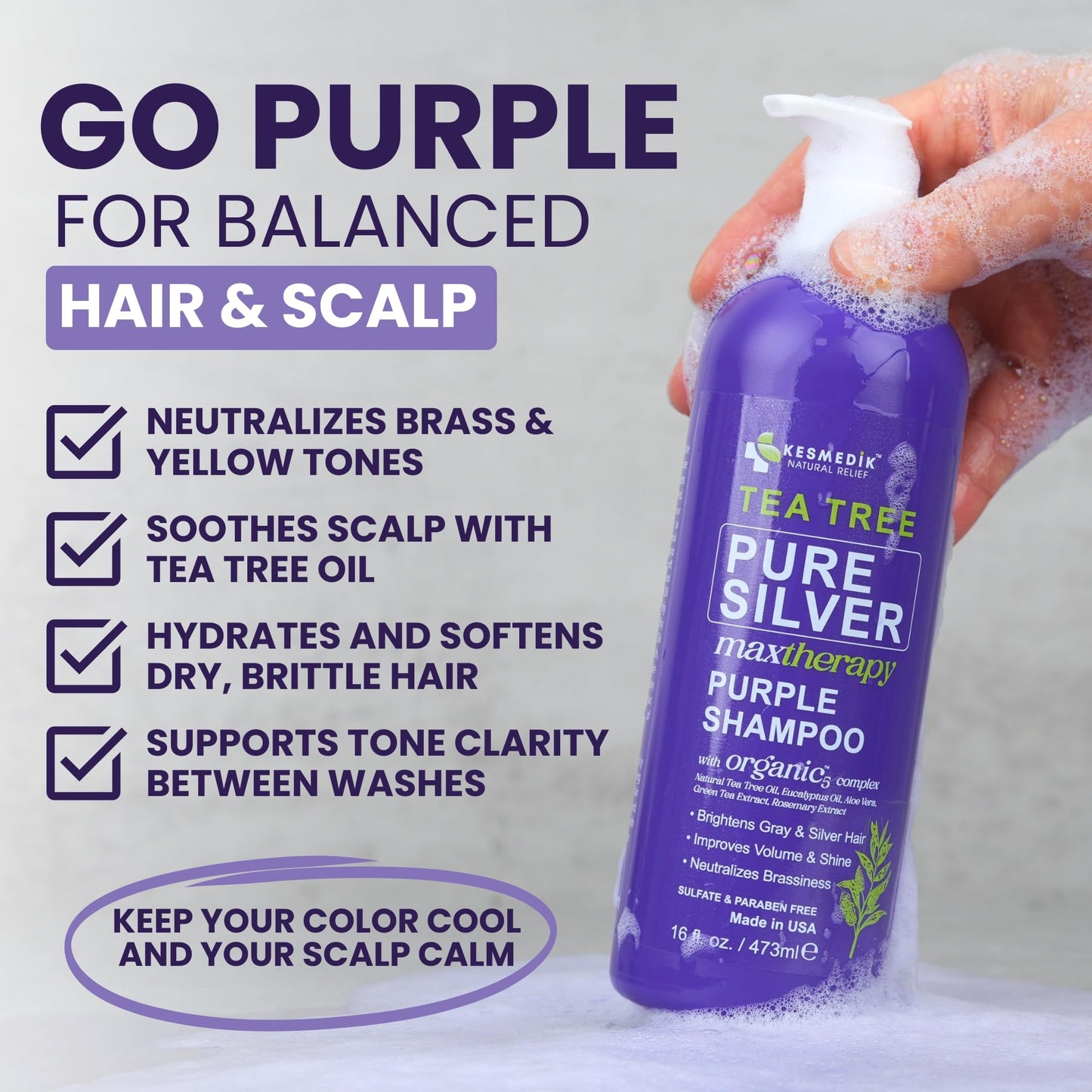 KESMEDIK Tea Tree Purple Shampoo with Rosemary & Aloe, Professional Anti Brass Toner, Removes Yellow Tones for Gray, Bleached, White & Blonde Hair, Nourishes & Refreshes Scalp, Sulfate-Free, 16 fl oz