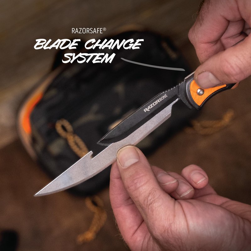 OUTDOOR EDGE RazorBone Replaceable Blade Folding Hunting Knife with Clip & Sheath, 3 Butcher Knife Blade Styles - Boning, Gutting, & Skinning Knives. Blaze Orange, Camo Sheath, 6 Blades & Blade Box