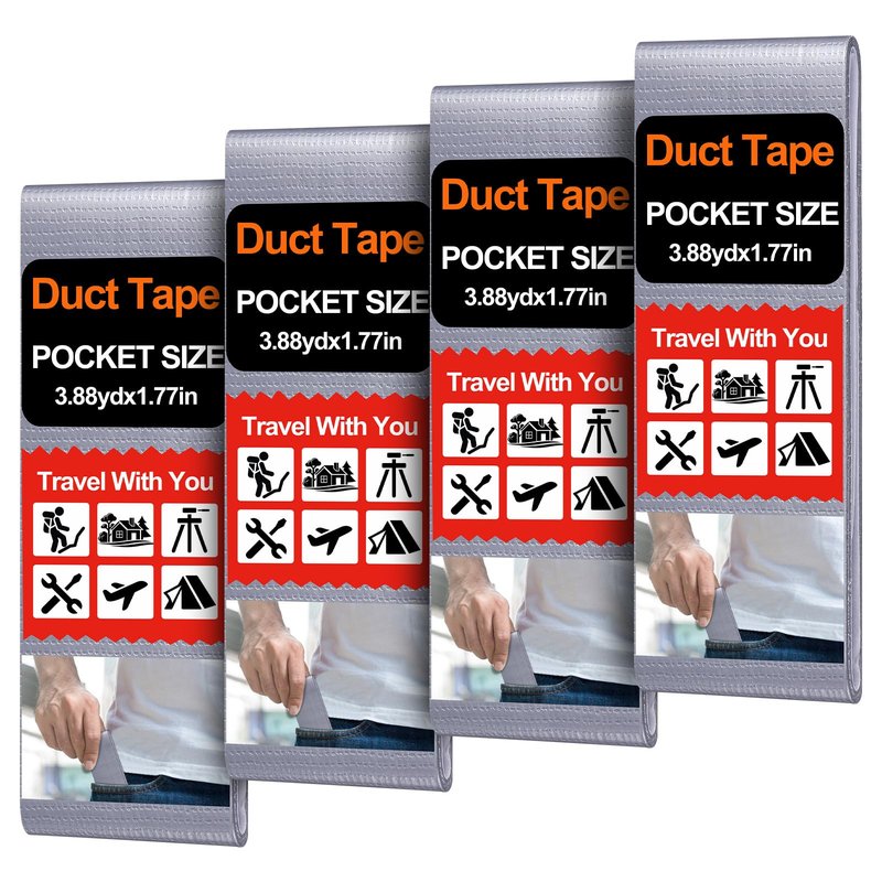 Innconee 4 Pack 1.77 in x 10 ft Travel Duct Tape Mini Pocket Size Flat Roll Flexible Heavy Duty Waterproof Tear by Hand for Repair Outdoor Emergency Gear EDC DIY Craft Camping Hiking (Silver)