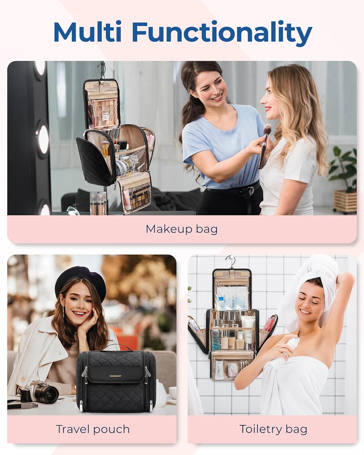 Makeup Bag for Women - Portable Hanging Hook Cosmetic Organizer | Large Capacity Travel Case in Black