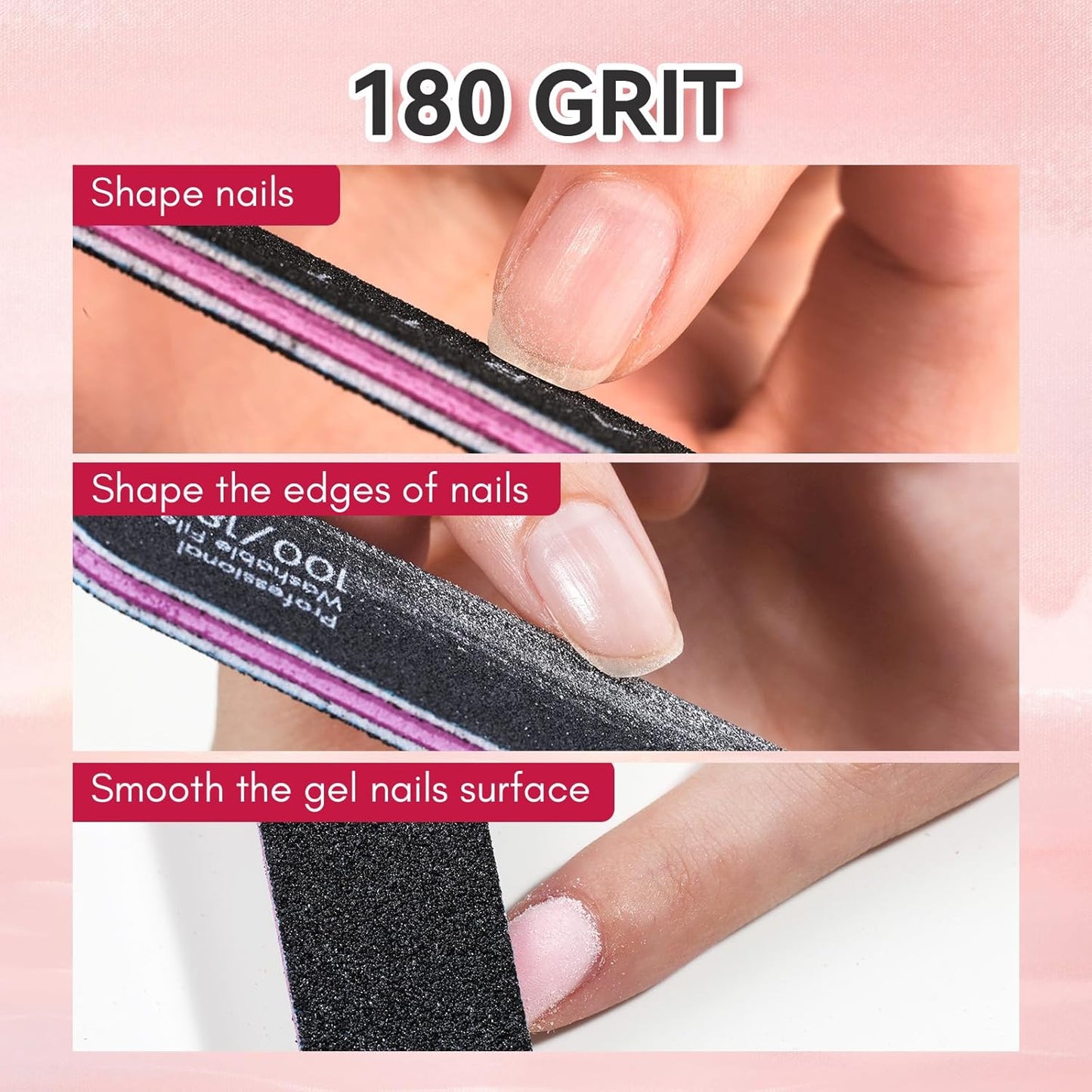 Professional Nail File Set - 100/180 Grit Emery Boards for Acrylic & Gel Removal | 10pcs Double-Sided Black Filer