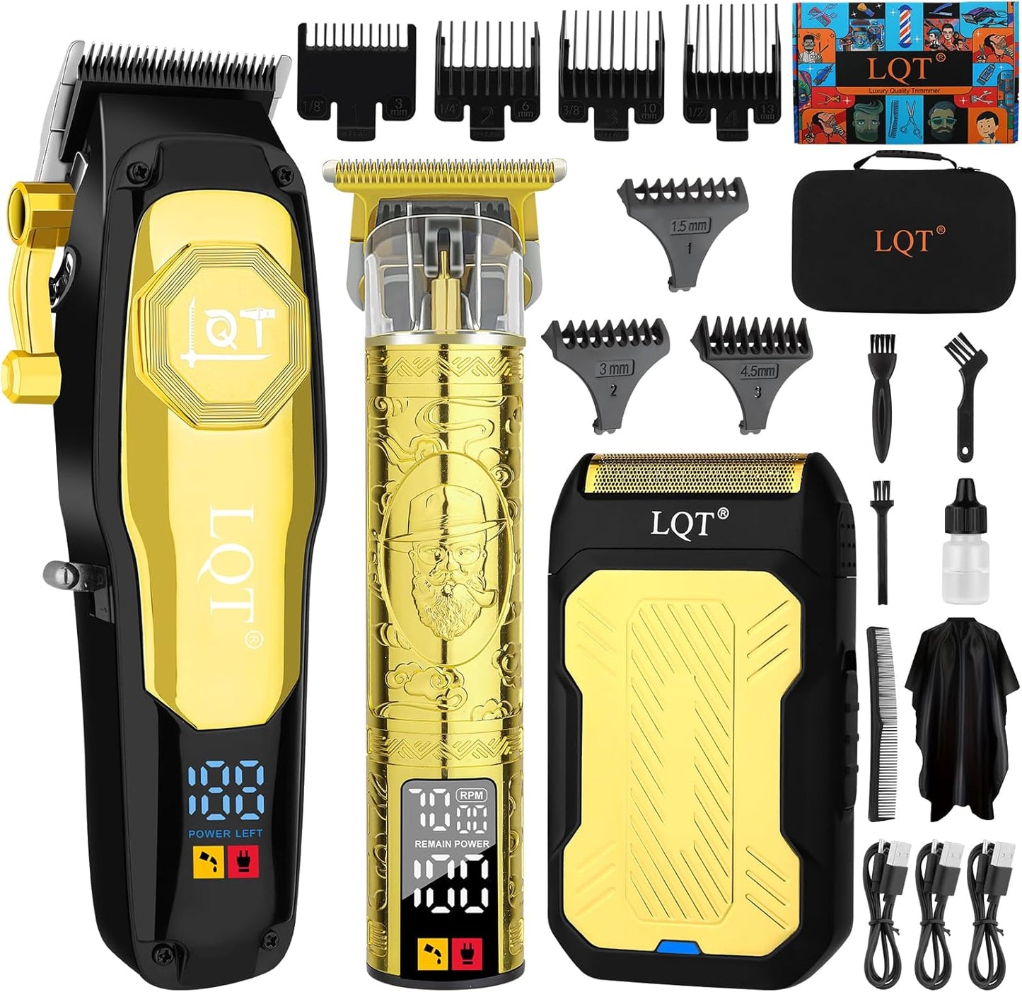 Cordless Hair Clippers for Men - Rechargeable Barber Clipper & Beard Trimmer Set | T-Blade, Adjustable Lever, LED Display, Gold
