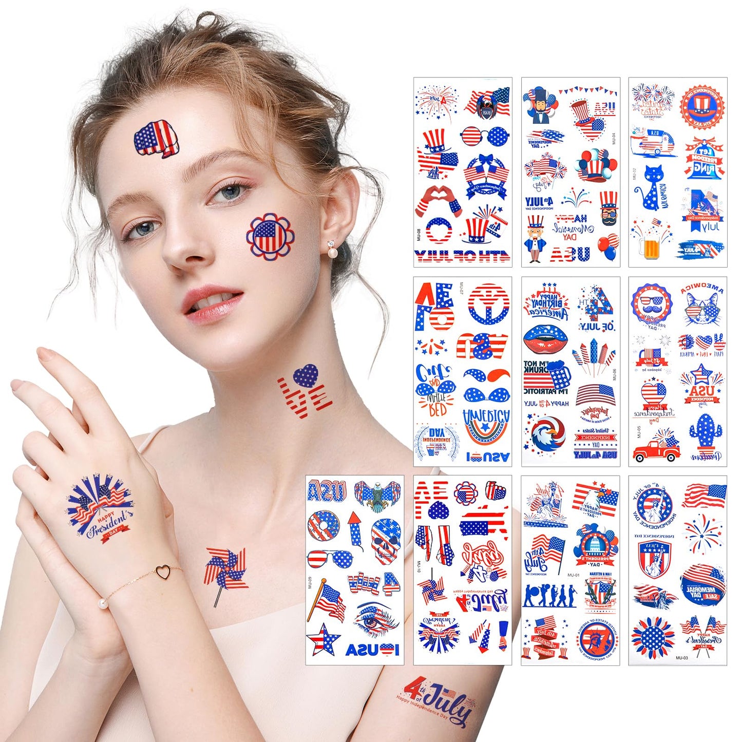 toututu 100PCS 4th of July Temporary Tattoos, Fourth of July America Flag Red White &Blue Face Patriotic Tattoo Stickers,250th Anniversary Party in the USA Memorial Independence Labor Day Accessories