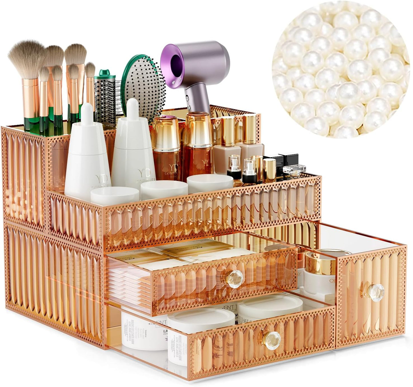 Makeup Organizer - Tempered Glass Vanity Storage for Cosmetics, Skincare & Hair Tools | Multipurpose Countertop Organizer