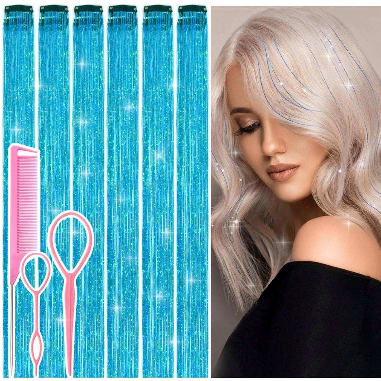 Hair Tinsel Kit - 12 Pcs 24 Inch Gold Glitter Clip-In Hair Extensions for Girls & Women | Perfect for Christmas & New Year Parties