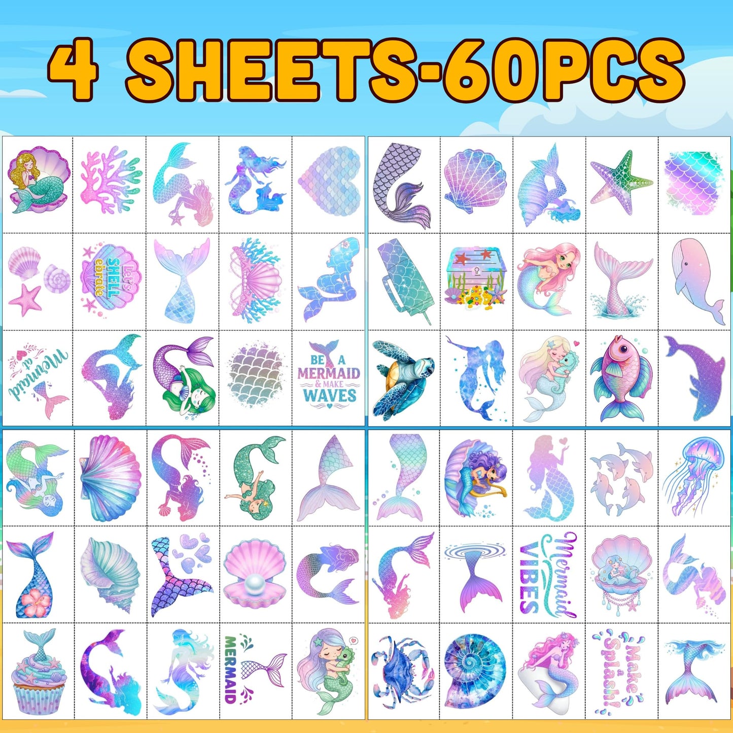 Mermaid Temporary Tattoos Stickers Under The Sea Themed Party Decorations Mermaid Themed Party Favors Supplies Accessories Under The Sea Themed Birthday Decorations Gift Idea For Kids Teen Boy Girl