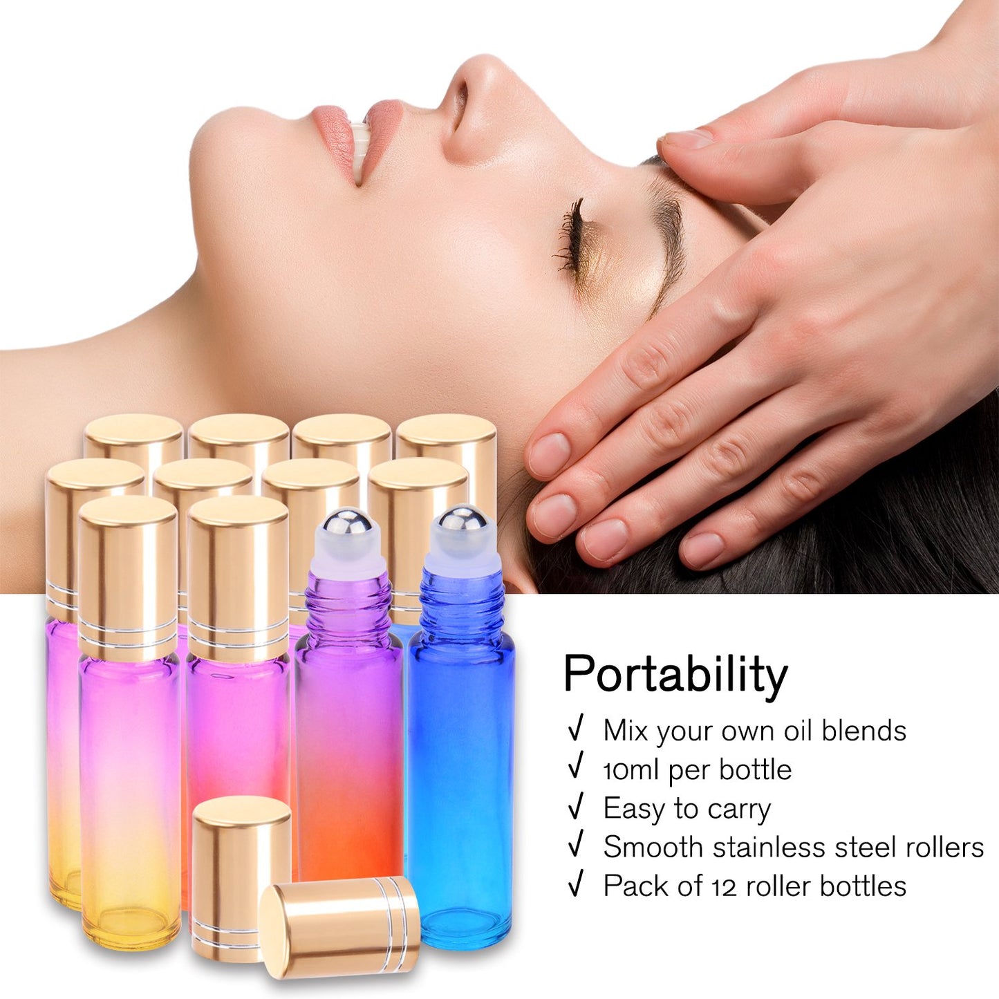 Essential Oil Roller Bottles - 12 Pack 10ml Refillable Thick Rainbow Glass | Leak-Proof, Stainless Steel Ball