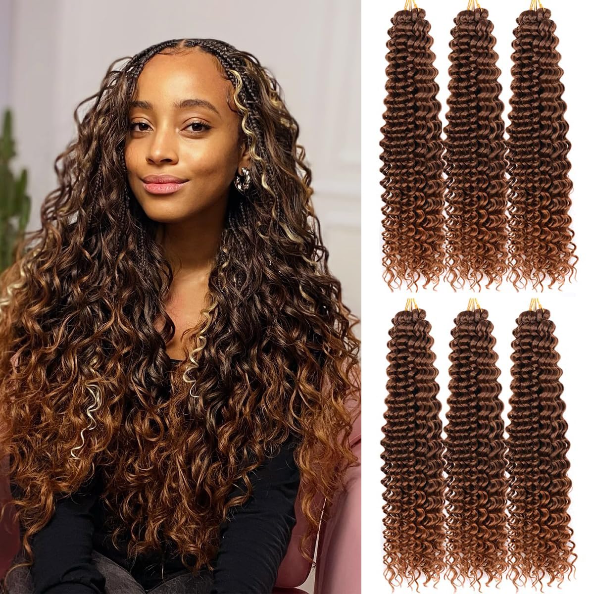 Ocean Wave Crochet Hair Extensions - Deep Wave Synthetic Braiding Hair for Women | 24 Inch, #1B (Pack of 2)