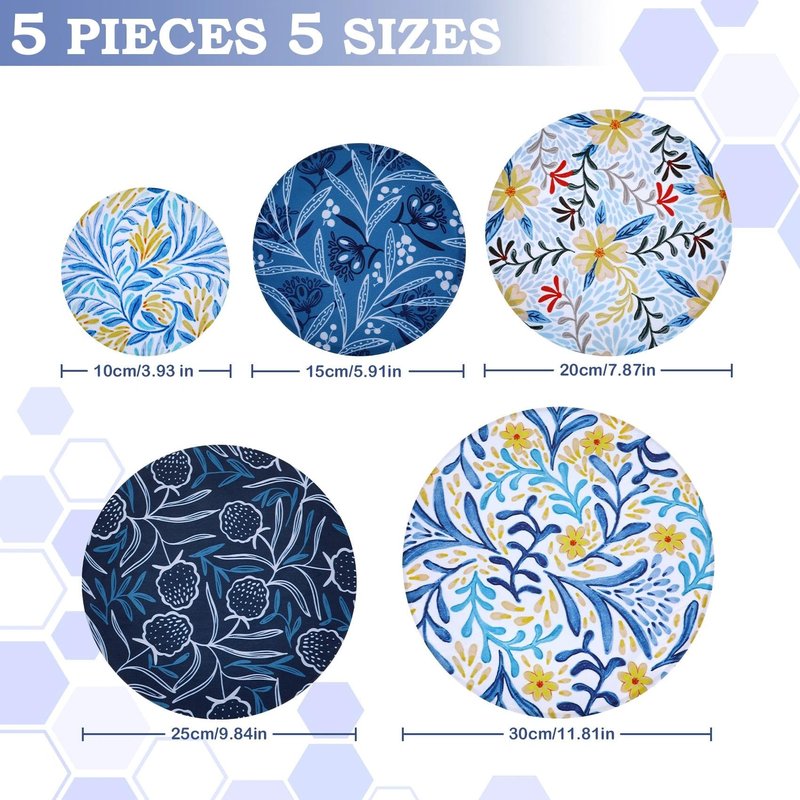 Revahope 5-Size Reusable Beeswax Bowl Covers for Bread Proofing, Cotton Cloth Flexible Beeswax Wraps for Food Storage(Blue Floral)