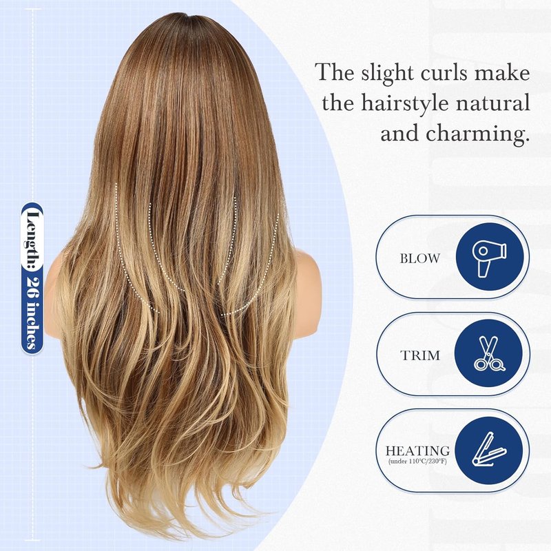 Long Ombre Brown Wig with Bangs - Layered Curly Synthetic Hair for Women | Daily Wear