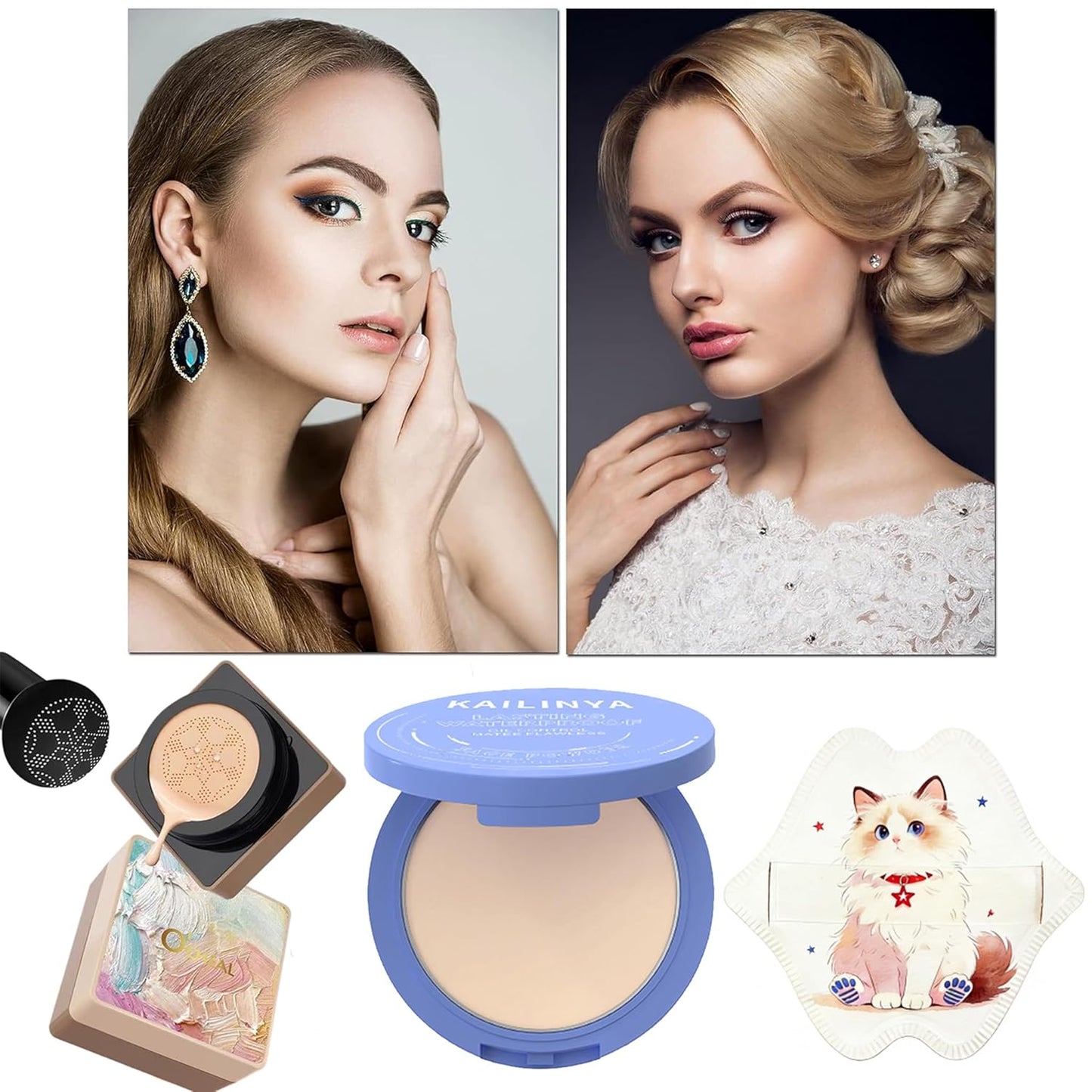 Mushroom-Head Cushion Foundation & Setting Powder Set - Long-Lasting Matte Finish | 3 Shades Available (Ivory White)