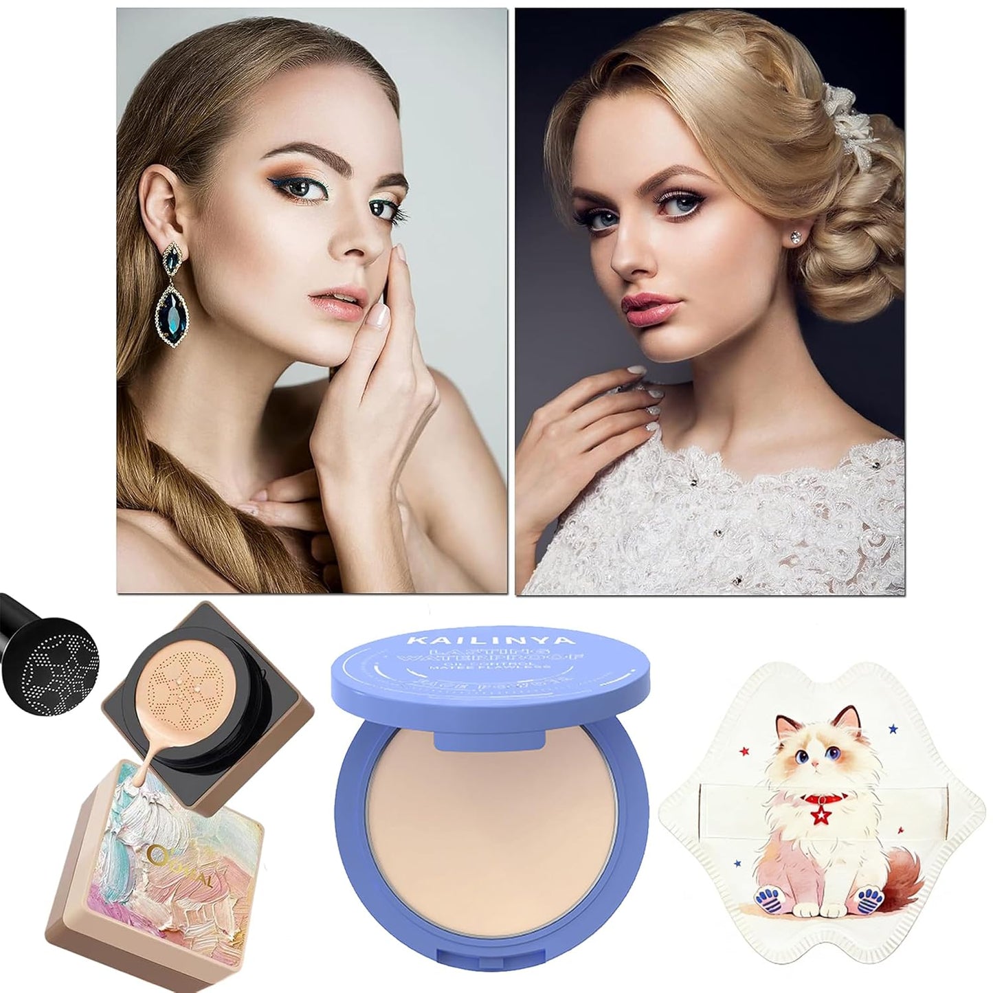 Mushroom-Head Cushion Foundation & Setting Powder Set - Long-Lasting Matte Finish | 3 Shades Available, Wheat Color