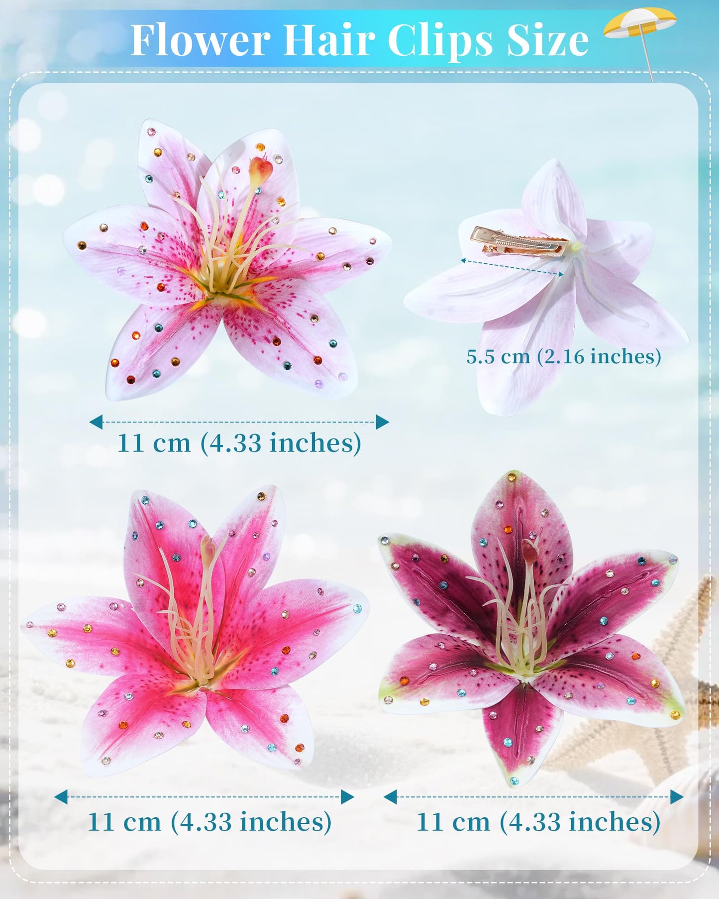Mesovor 3 Pack Hawaiian Flower Hair Clips, Artificial Tropical Flower Orchid Hair Pin | Rhinestone Hairpins Hair Accessories for Wedding Bridal Beach Party (Pink Lily)