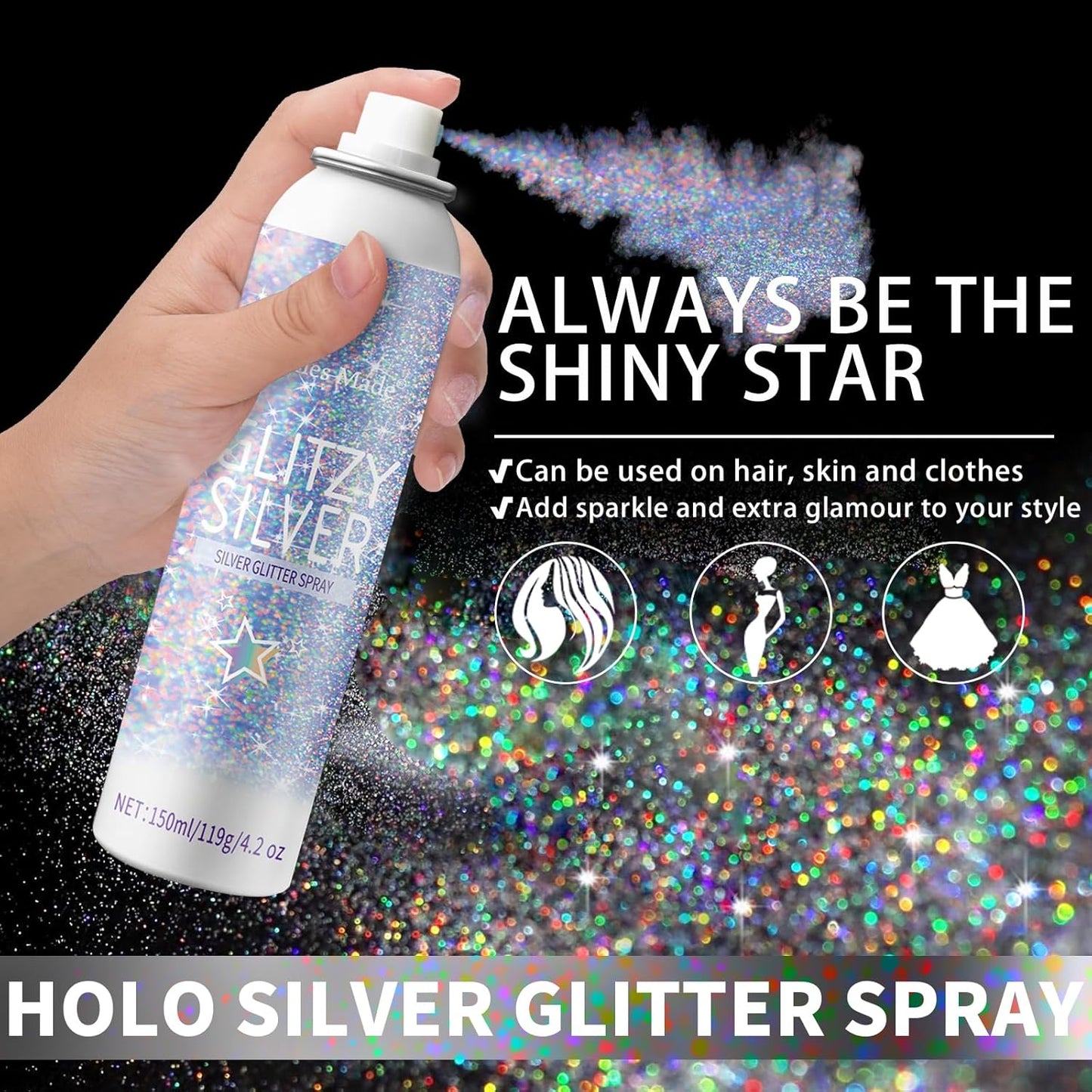 Hair Glitter Spray - Holographic Silver Body Glitter for Hair & Skin | 150ML Shimmering Festival Makeup