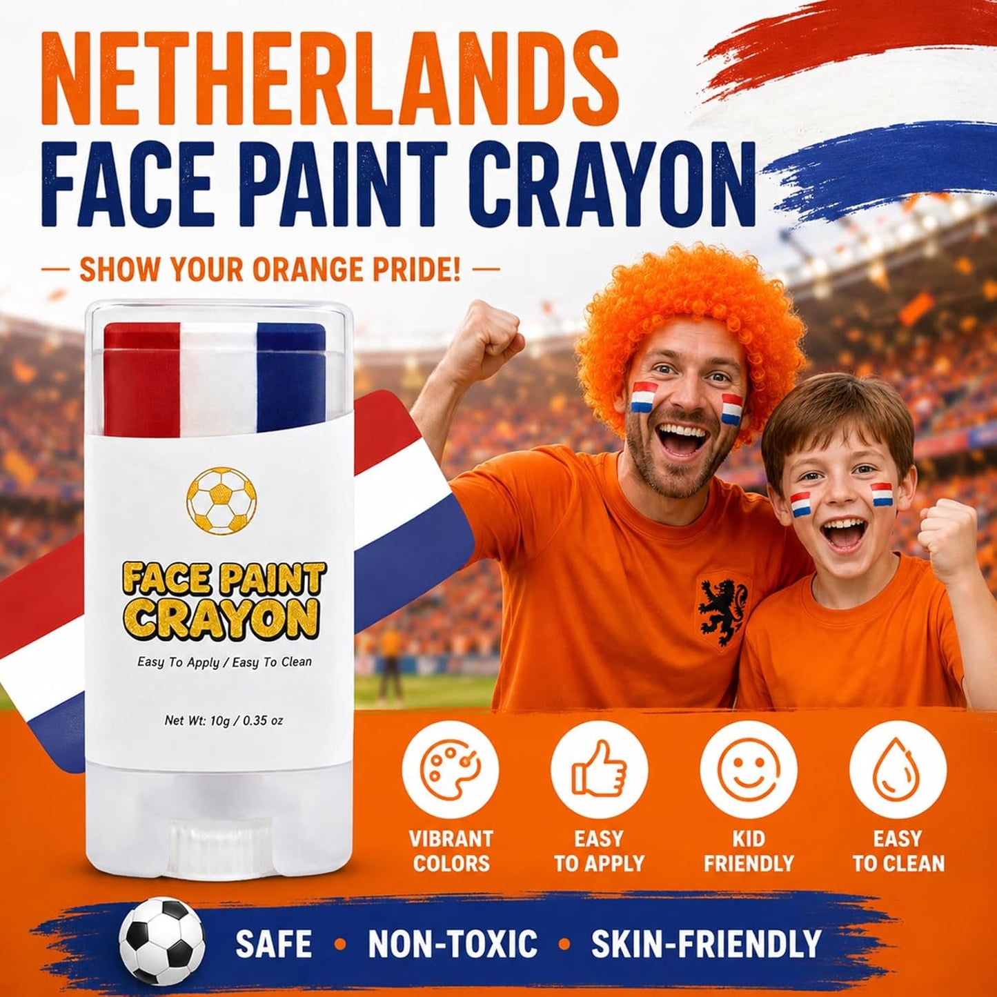 Face Body Paint Stick - Red White Blue Crayon for Soccer Fans | Washable Non-Toxic Game Day Makeup