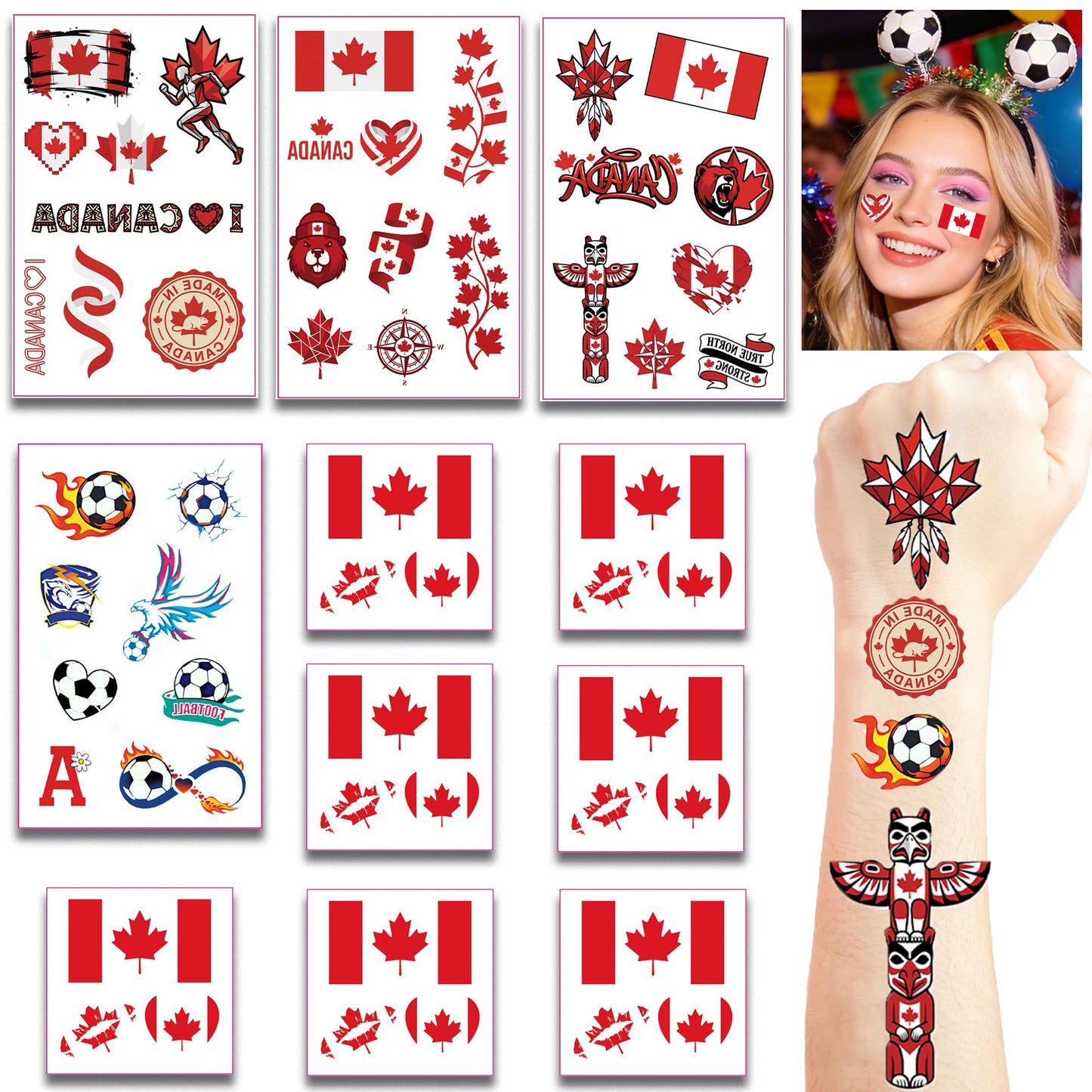 Canada Flag Temporary Tattoos for Sports Events | 11 Sheets- Waterproof Face Tattoos for Football Fans | Tattoo Stickers for Football Matches & Game Day Celebrations