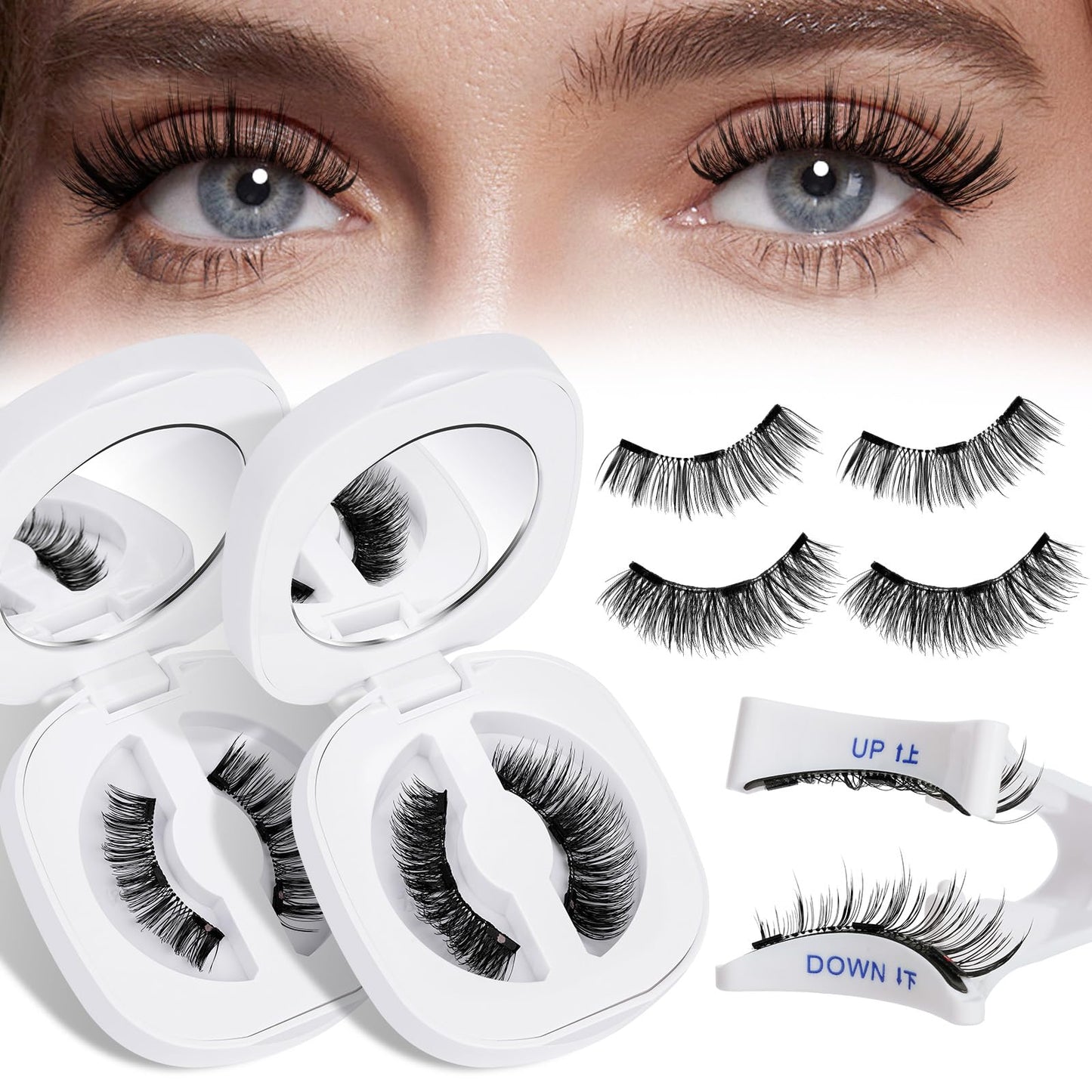 QUEWEL 2 Pairs Natural Look Reusable Magnetic Eyelashes, Reusable No Glue Needed Magnetic Eyelashes Kit with Applicator Lashes Kit without Eyeliner Easy to Wear and Remove (G-YC-C+D02)