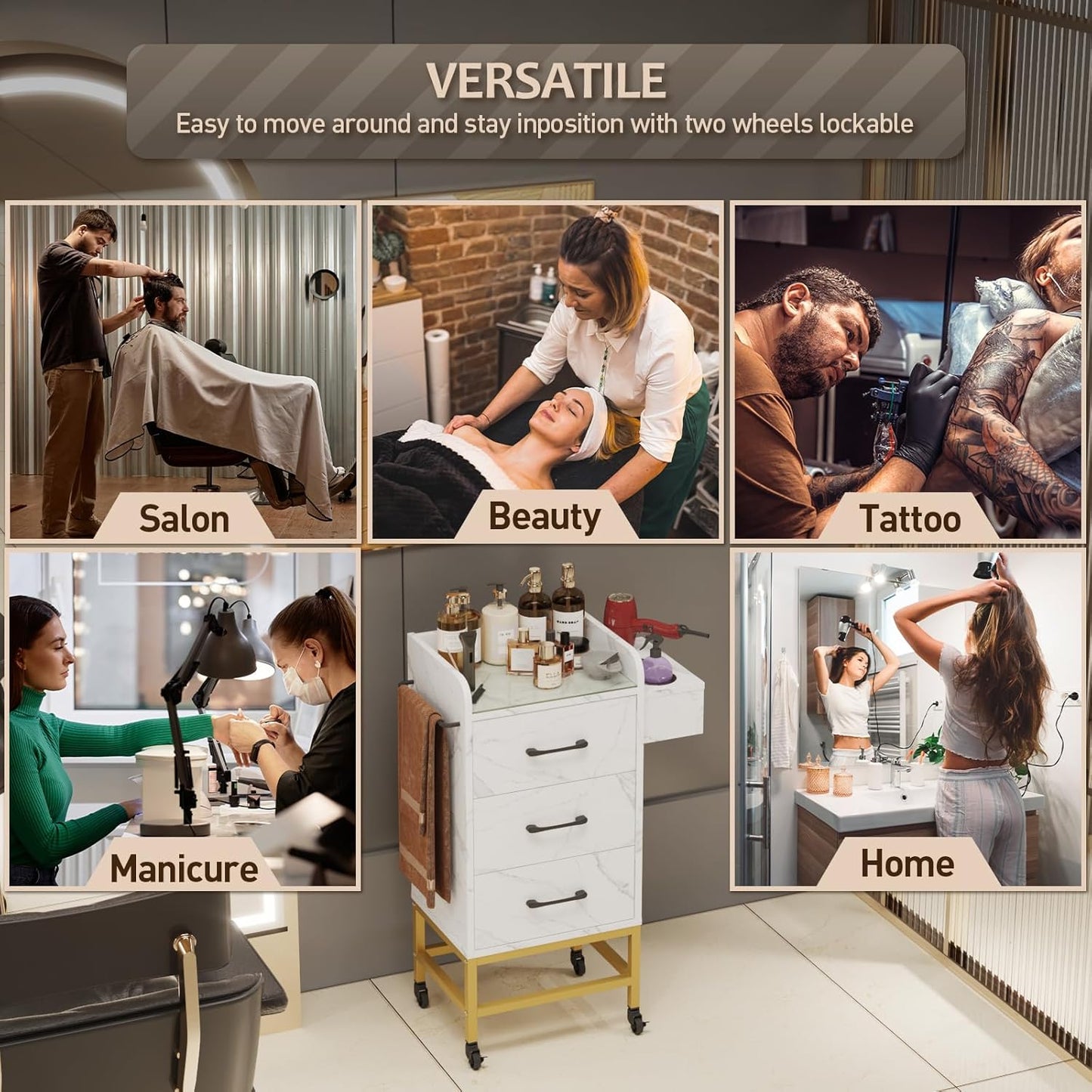 Salon Storage Trolley Cart - Rolling Barber Station with Toughened Glass Top & Lockable Wheels | White Marble Finish