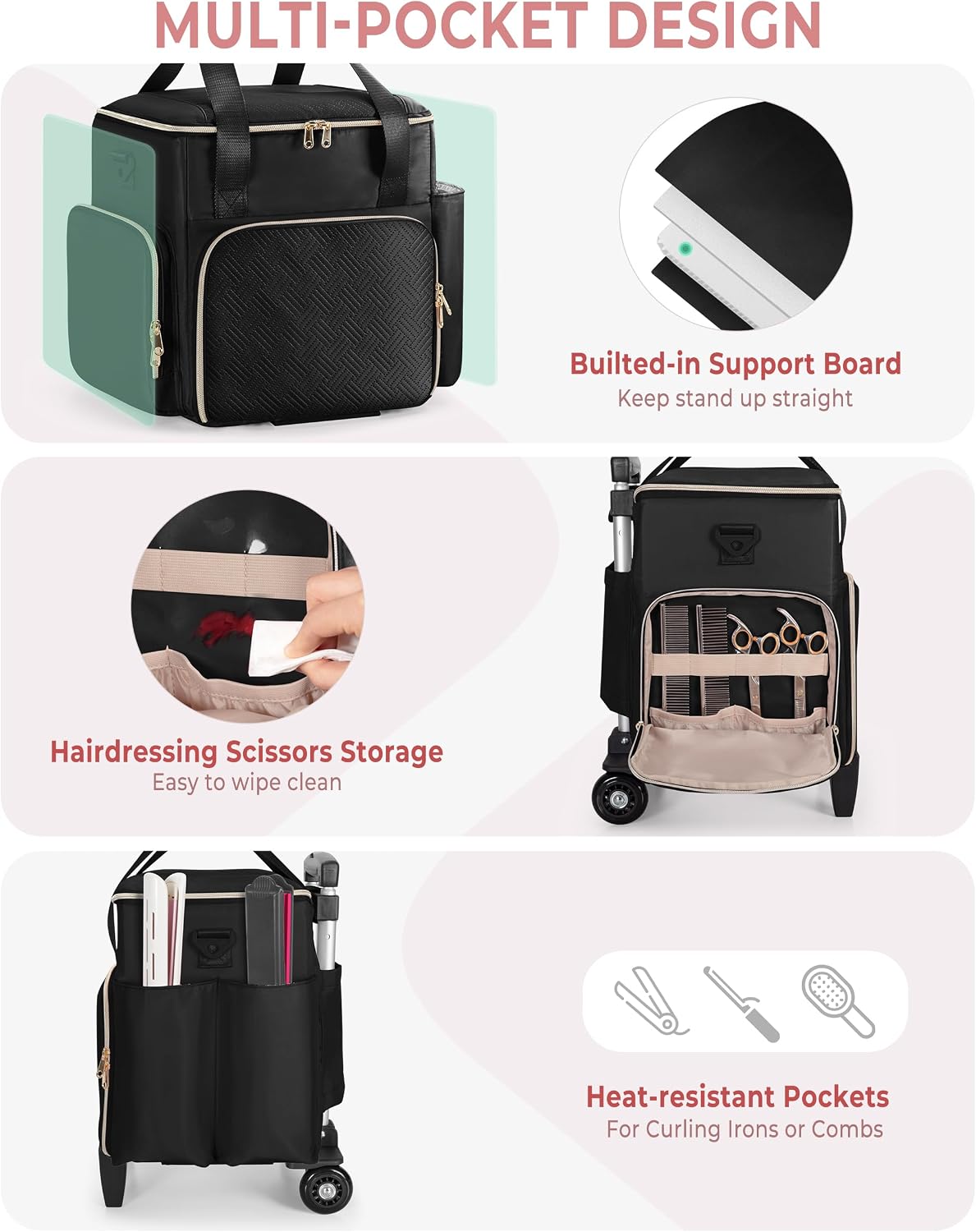 Rolling Hairstylist Travel Bag - Hair Tool Bag with Heat Insulation & 2 Pouches | Black
