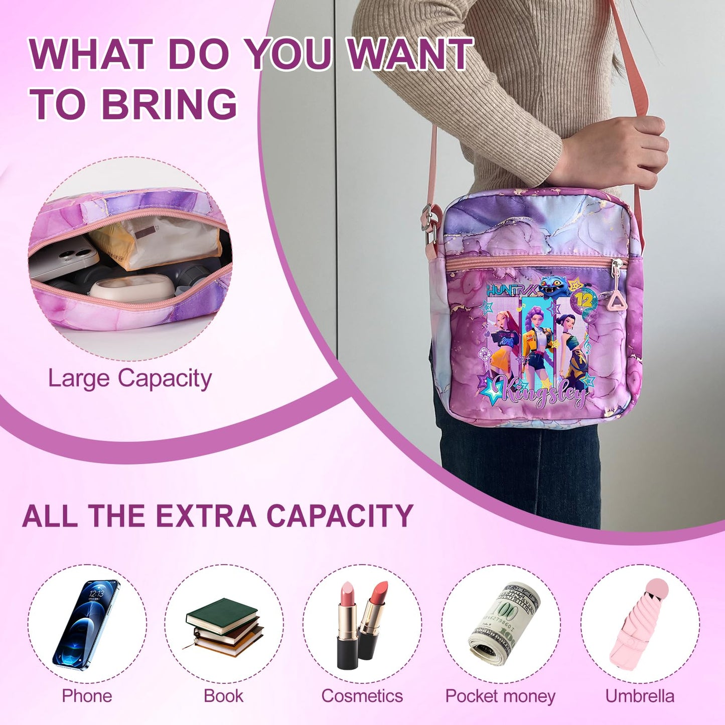 Kawaii K-pop Crossbody Bag with Adjustable Shoulder Straps, Cute Anime Shoulder Bag with Zipper, Cartoon Merch for Womens Birthday Gifts