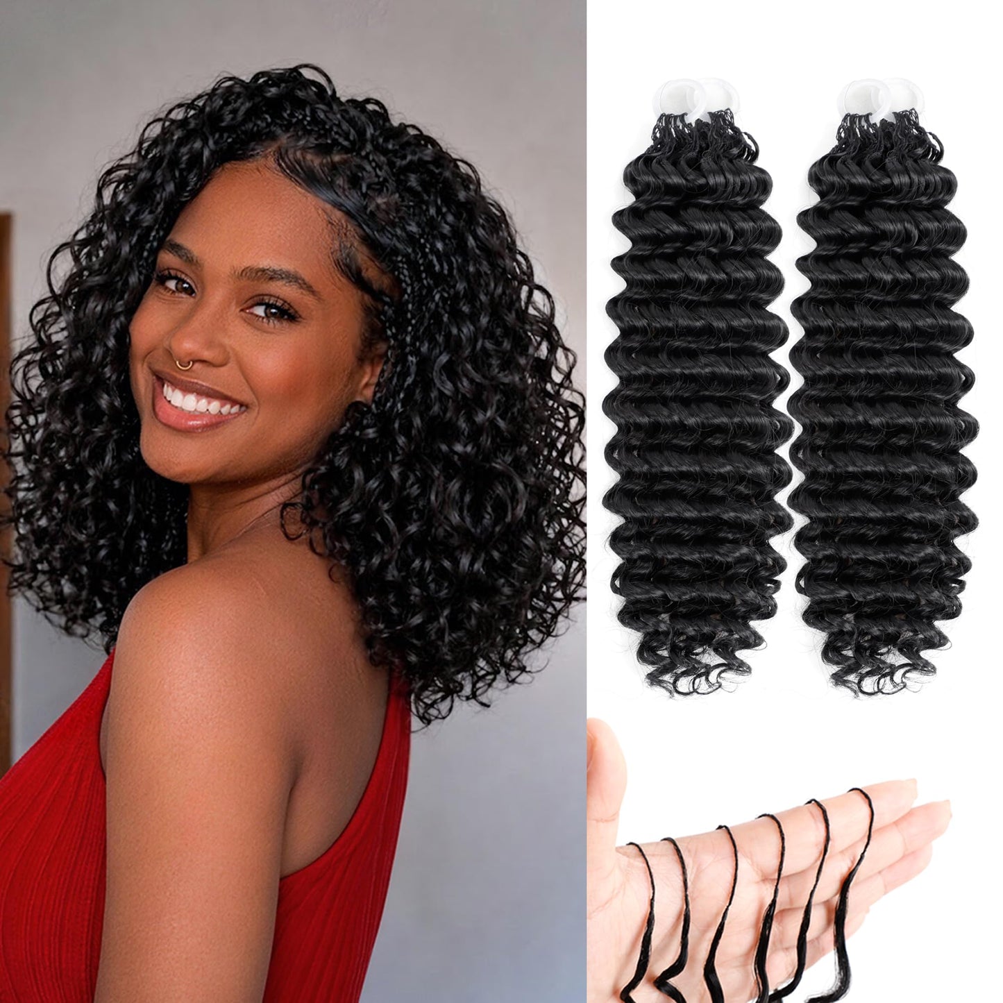 Feather Crochet Hair For Black Women, 100 Strands 120g Synthetic Deep Wave Pre-Separated Crochet Hair for Miracle Knots,Invisible Burmese Curly Hair Extensions (1B, 12 Inch(50Strands))