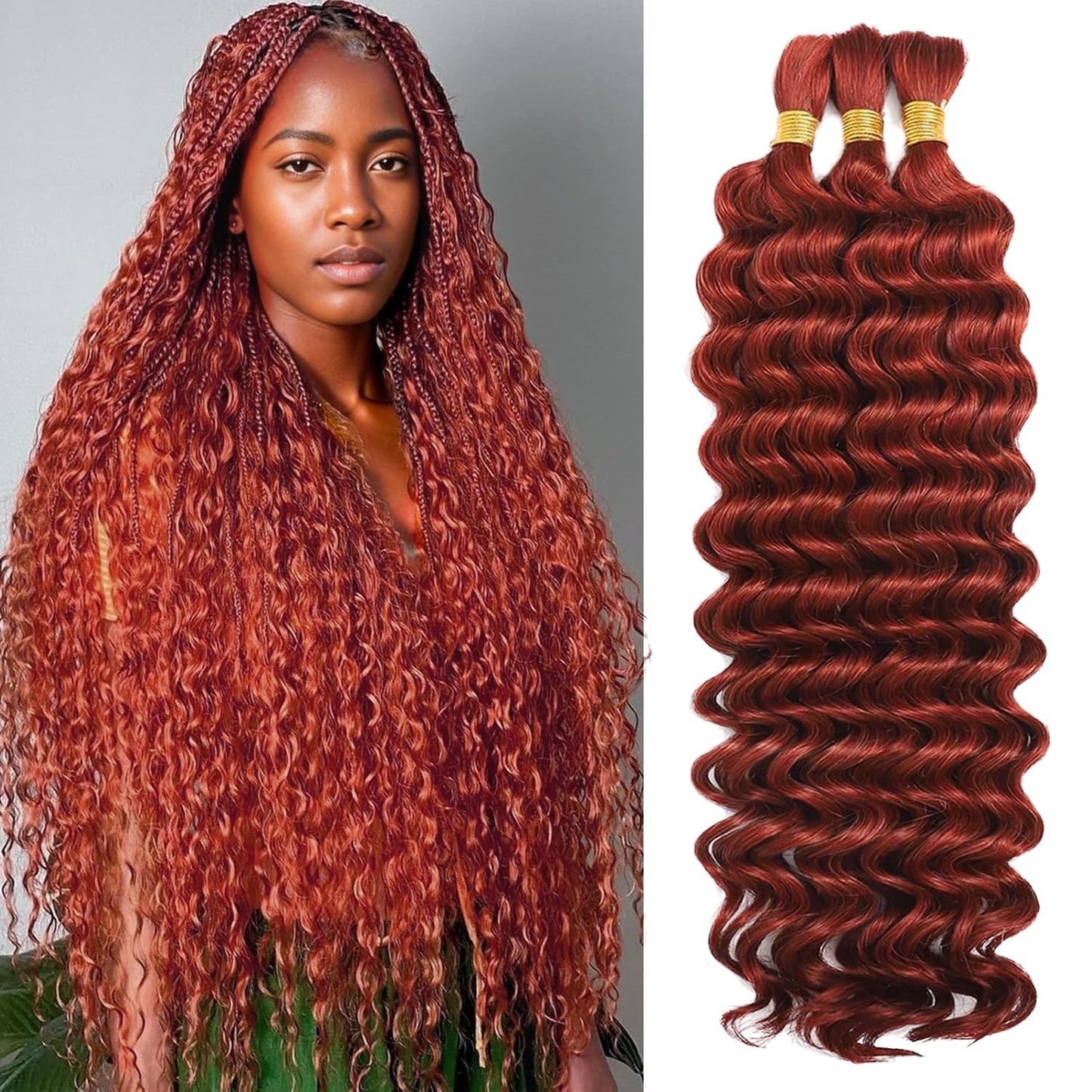 22 Inch Human Braiding Hair - Boho Deep Wave Bulk Brazilian Virgin Hair | 3 Bundles, 110g, Natural Color