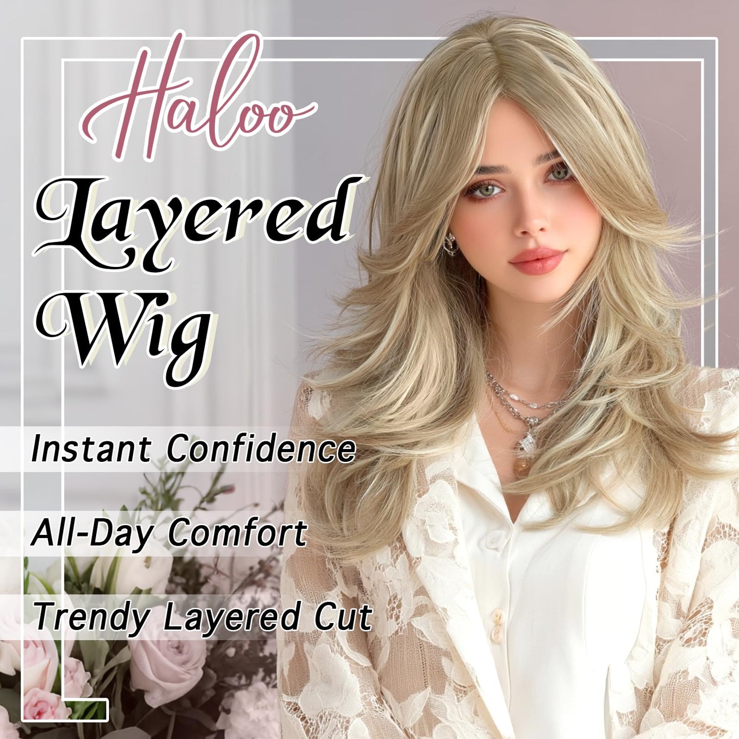 Haloo Blonde Layered Wigs with Curtain Bangs Lace Front Hairline Long Wavy Natural Looking Middle Part Synthetic Hair Wig for Women Daily Party Costume, 20 Inch Dirty Blonde