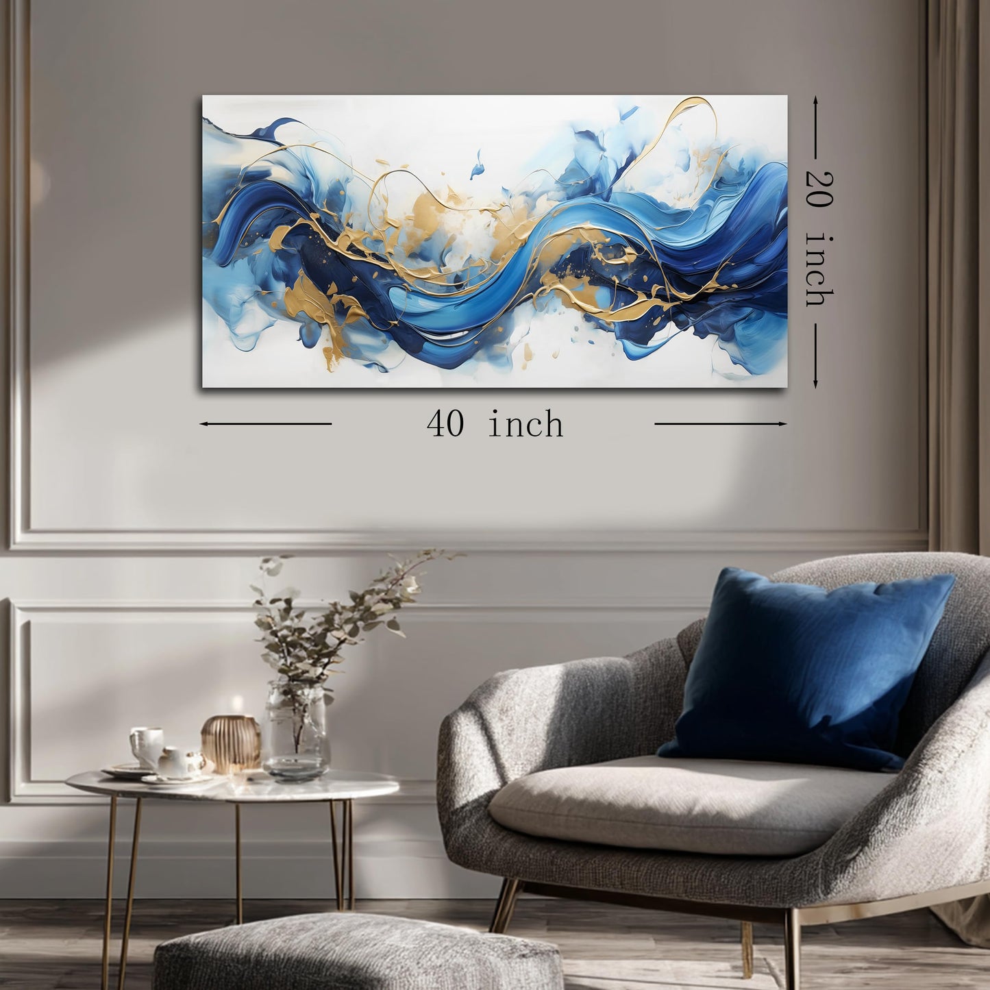 AUUZAIUA Abstract Canvas Wall Art for Living Room Blue and Gold Fluid Wave Pictures Modern Artwork for Bedroom Office Canvas Prints 20x40 Inches