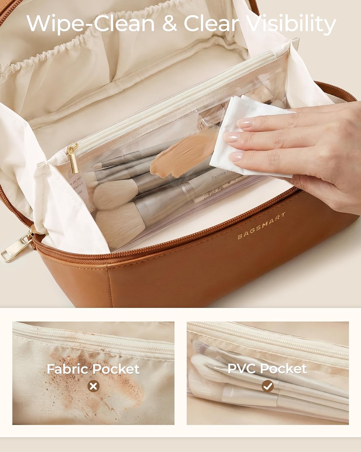 Makeup Bag - Large Travel Cosmetic Organizer | PU Leather Toiletry Case for Women - Classic Brown