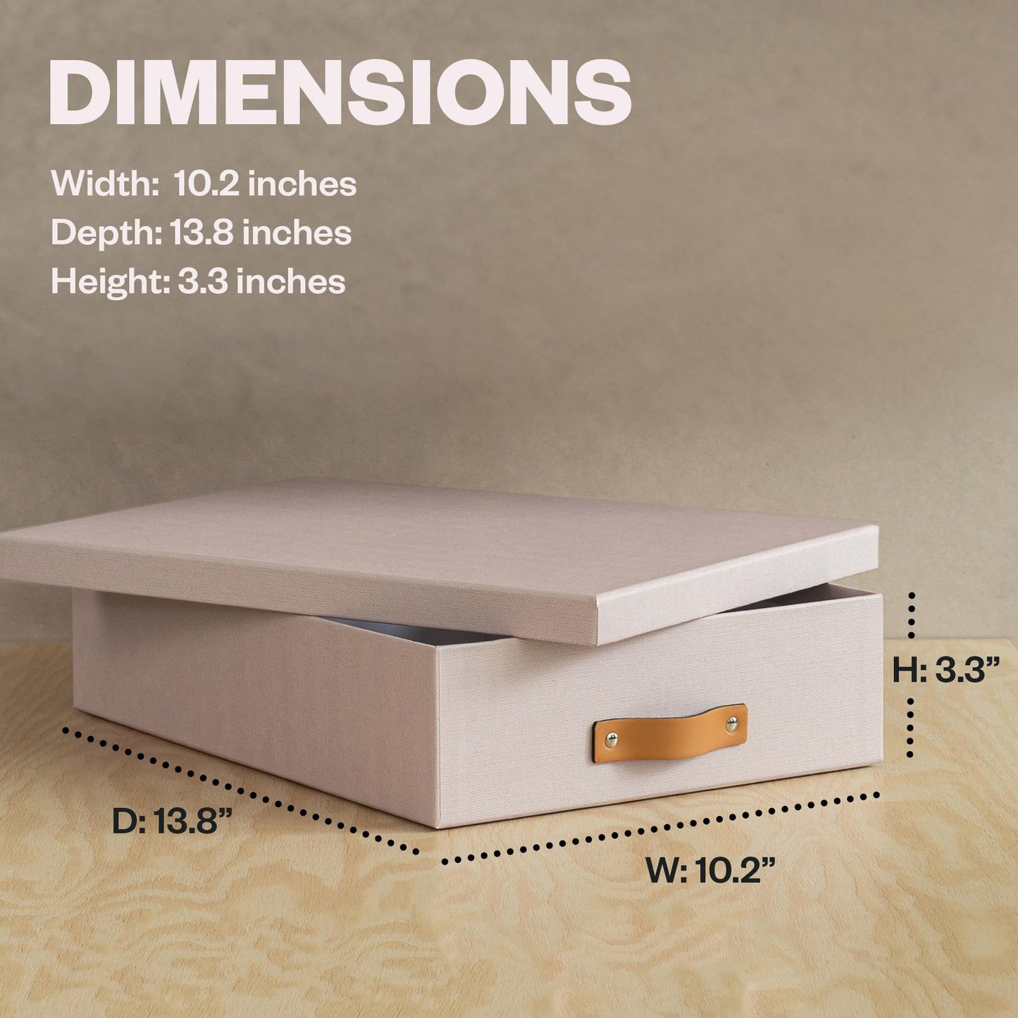 Bigso Oskar Fiberboard Document Storage Box with Lid for A4 and Letter Size Papers - Stylish, Sturdy, and Stackable Keepsake Box with Leather Handle - W10.2in x D13.8in x H3.3in - Pink Rose