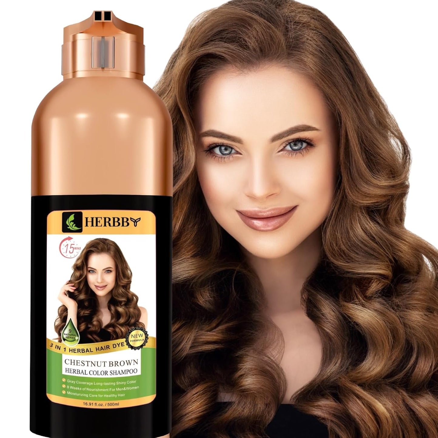 Gray Hair Coverage Shampoo & Conditioner - 9 Herbal Extracts for Long-Lasting Color | Chestnut Brown, 500 ml