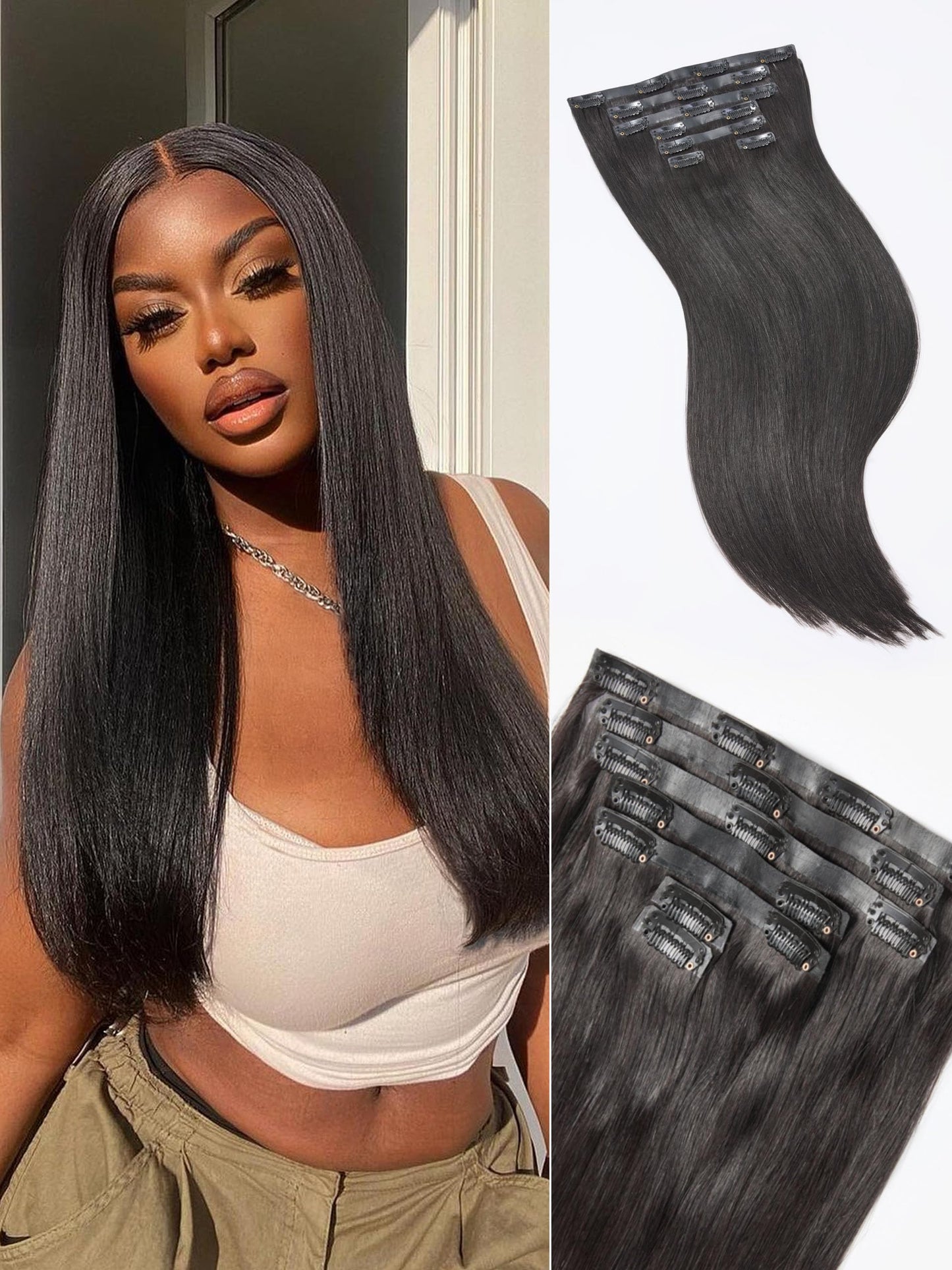 LUVME Yaki Straight Seamless Clip in Hair Extensions 110g, 18 Inch Natural Black, 100% Real Remy Human Hair, Soft Full Volume, Easy Clip Ins for Daily Wear, Work, Parties & Weddings