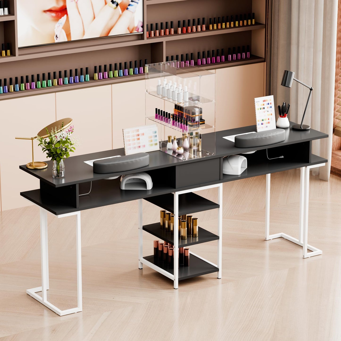 TABU Double Manicure Table,Large Nail Desk for Nail Tech with Acrylic Cabinet and Large Drawers, Beauty Salon Nail Workstation with Dust Collector and Wrist Cushion, Black