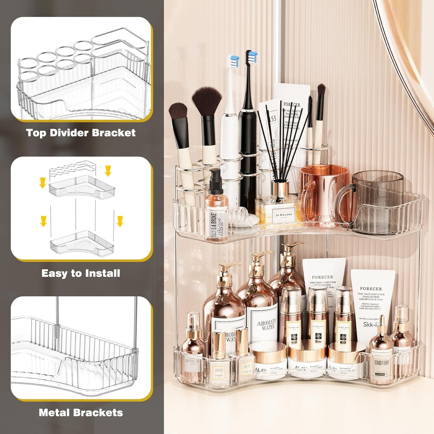 2-Tier Corner Bathroom Counter Organizer - Clear Makeup & Skincare Holder | Toothbrush & Brush Storage