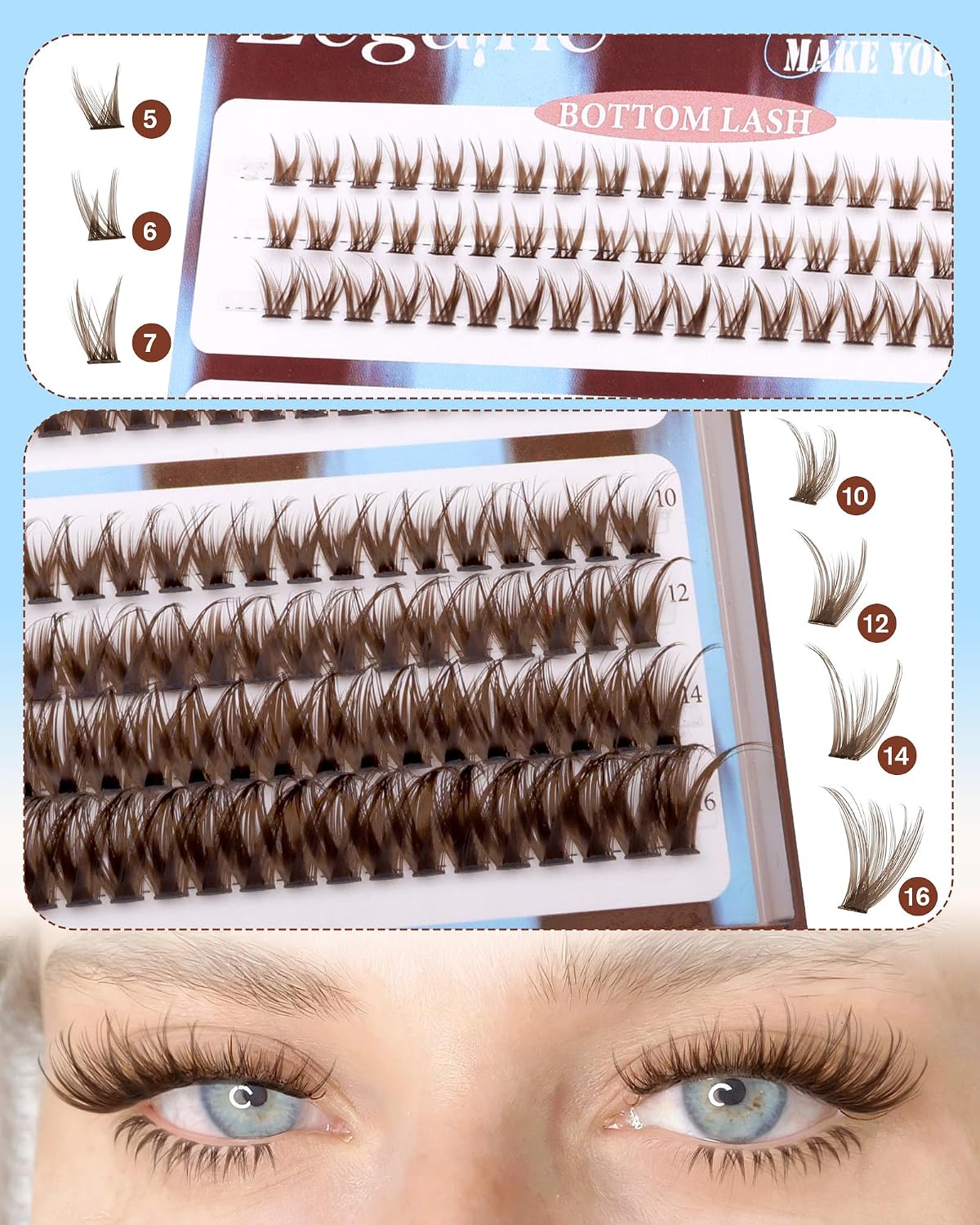 Brown Lash Clusters - Natural Look Eyelash Extensions | 300 Pcs Wispy D-Curl 10-16MM