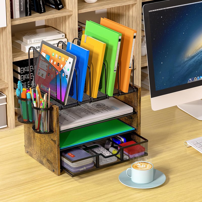 DAOUTIME 4-Tier Mesh Desk Organizer, Wooden Desk File Organizer with 5 Vertical File Holders and 2 Pen Holders, Desktop Organizers and Accessories with Drawer for Home Office