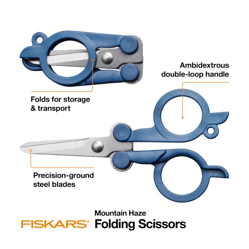 Fiskars Travel Folding Scissors, TSA-Compliant, Compact and Portable for Crafting and Quick Snips, Stainless Steel Blades, Explore Collection, Mountain Haze