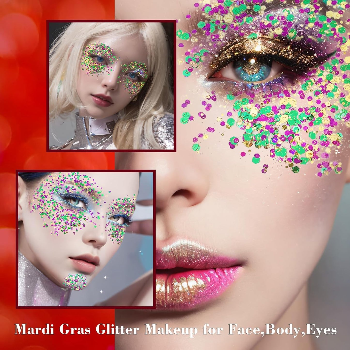 Purple and Gold Face and Body Glitter Set - Sparkly Chunky Makeup for Mardi Gras | Festival Accessories for Women and Kids